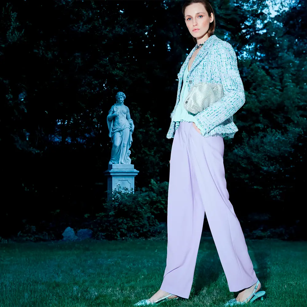Tweed jacket with lilac trousers