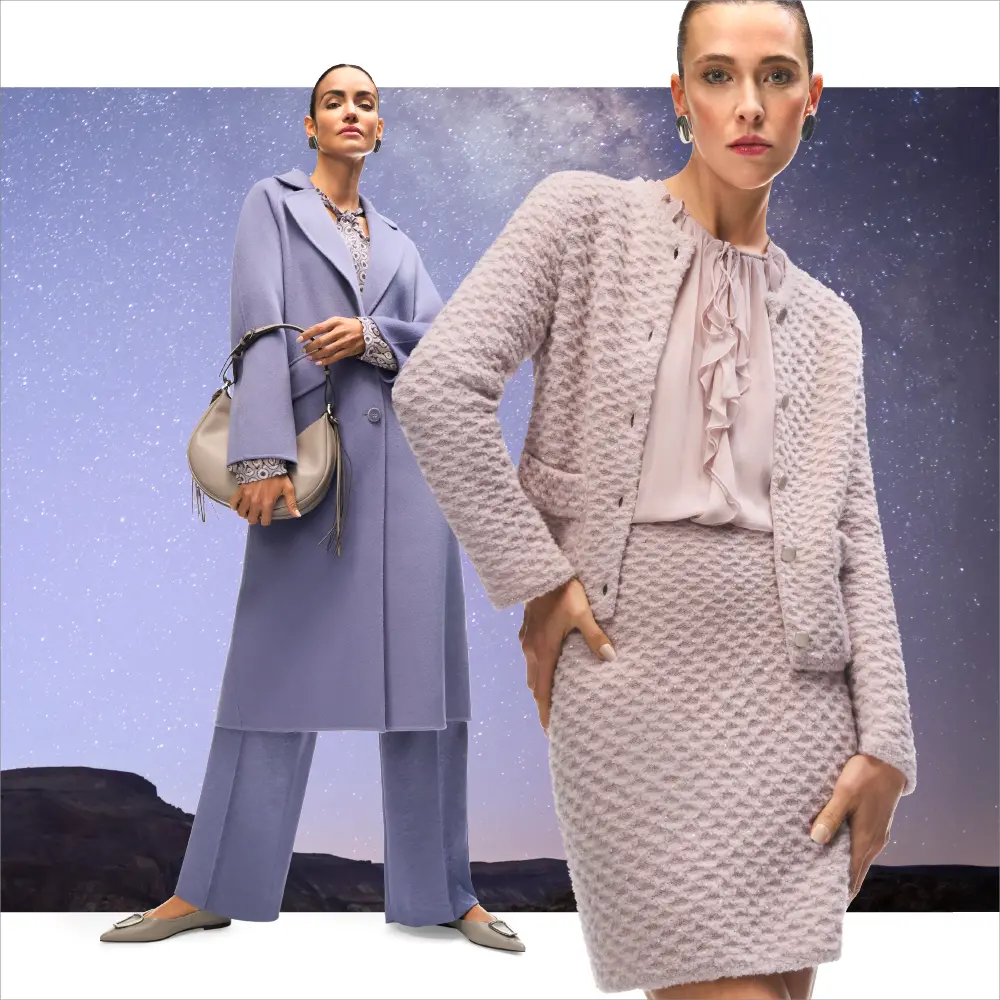 Knitwear: double-face jas, uitlopende blouse en rok