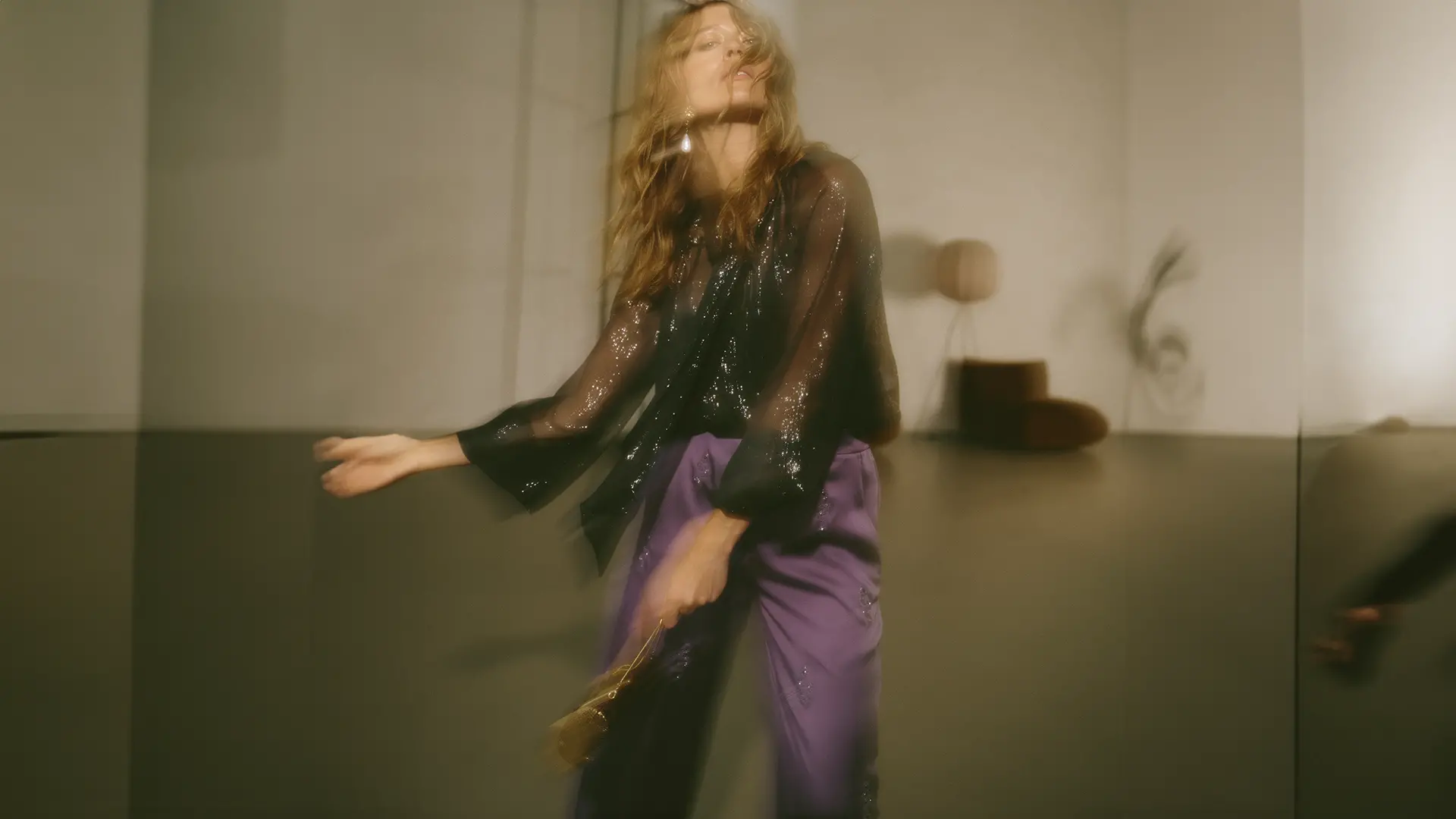 Black lace blouse and purple glam trousers