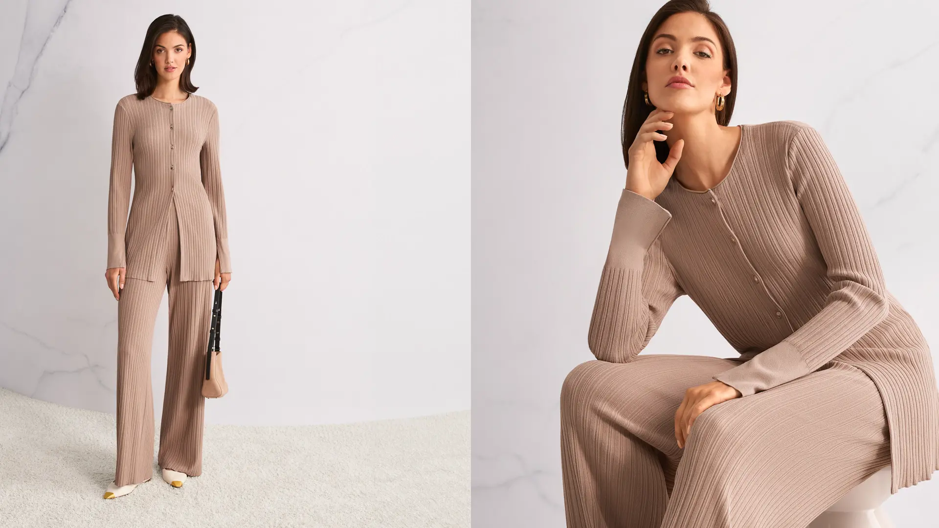 Cardigan long en maille côtelée irrégulière avec pantalon assorti marron  superposition de mailles 