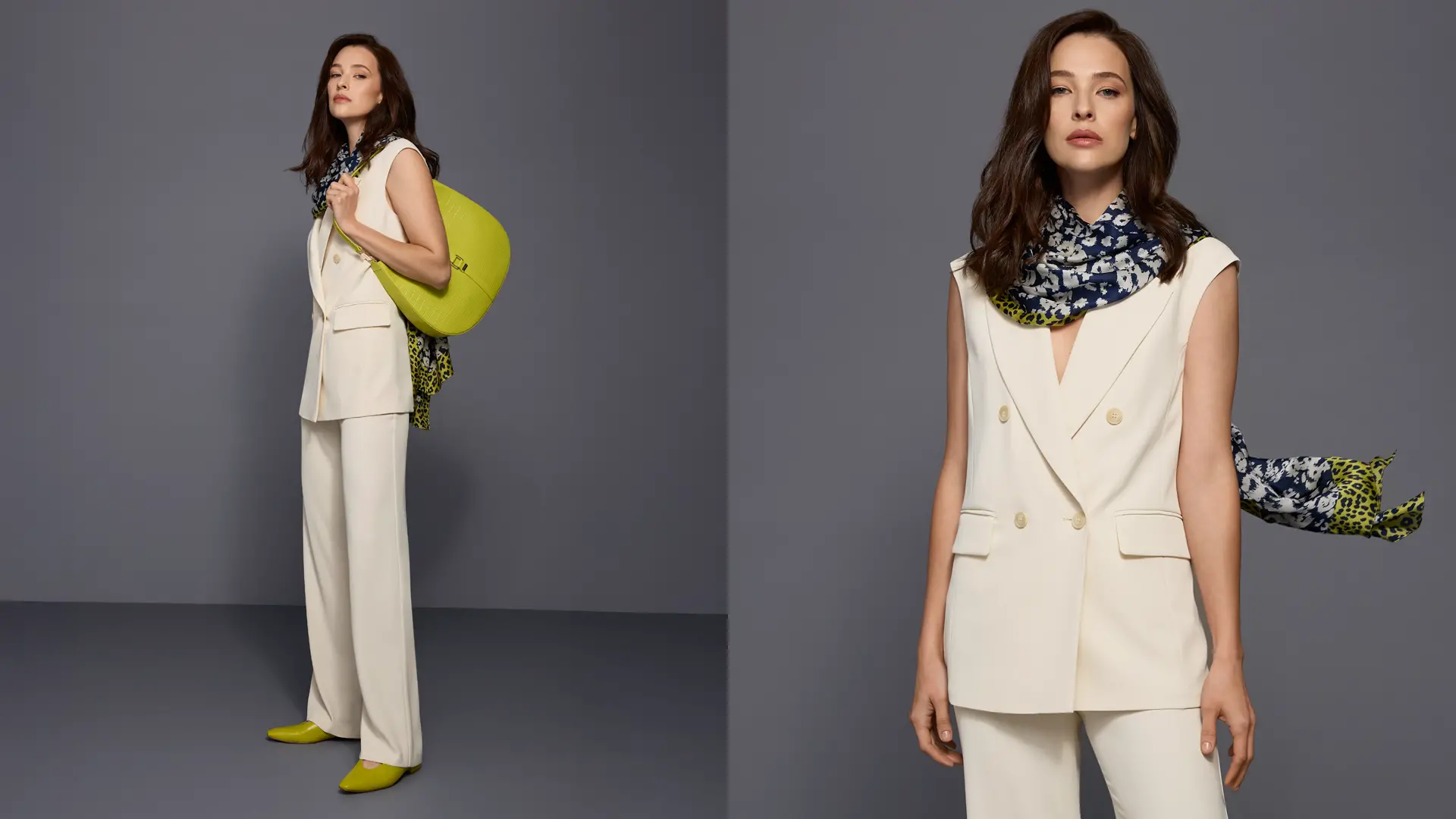 Sleeveless blazer waistcoat with matching trousers in bright ecru