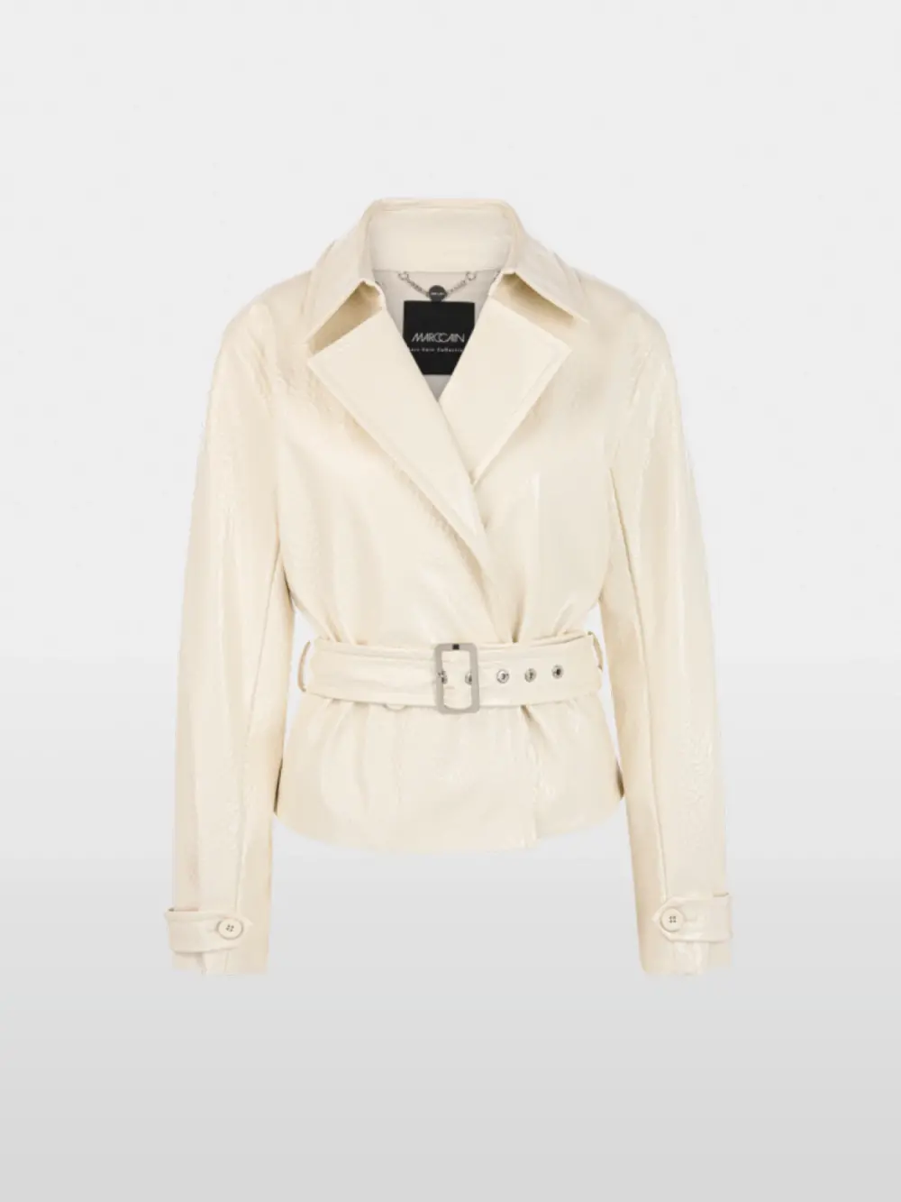 Short trench jacket with patent finish