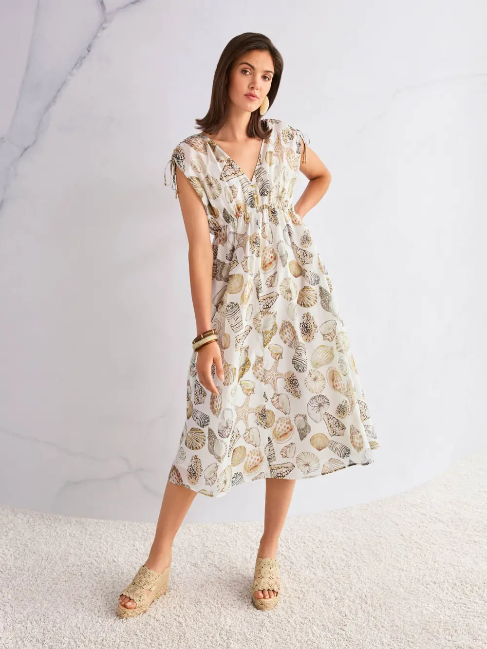 Mid-length dress in cotton and silk