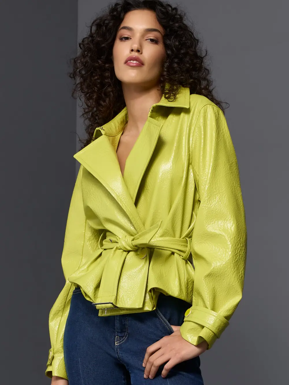 Short trench jacket with patent finish