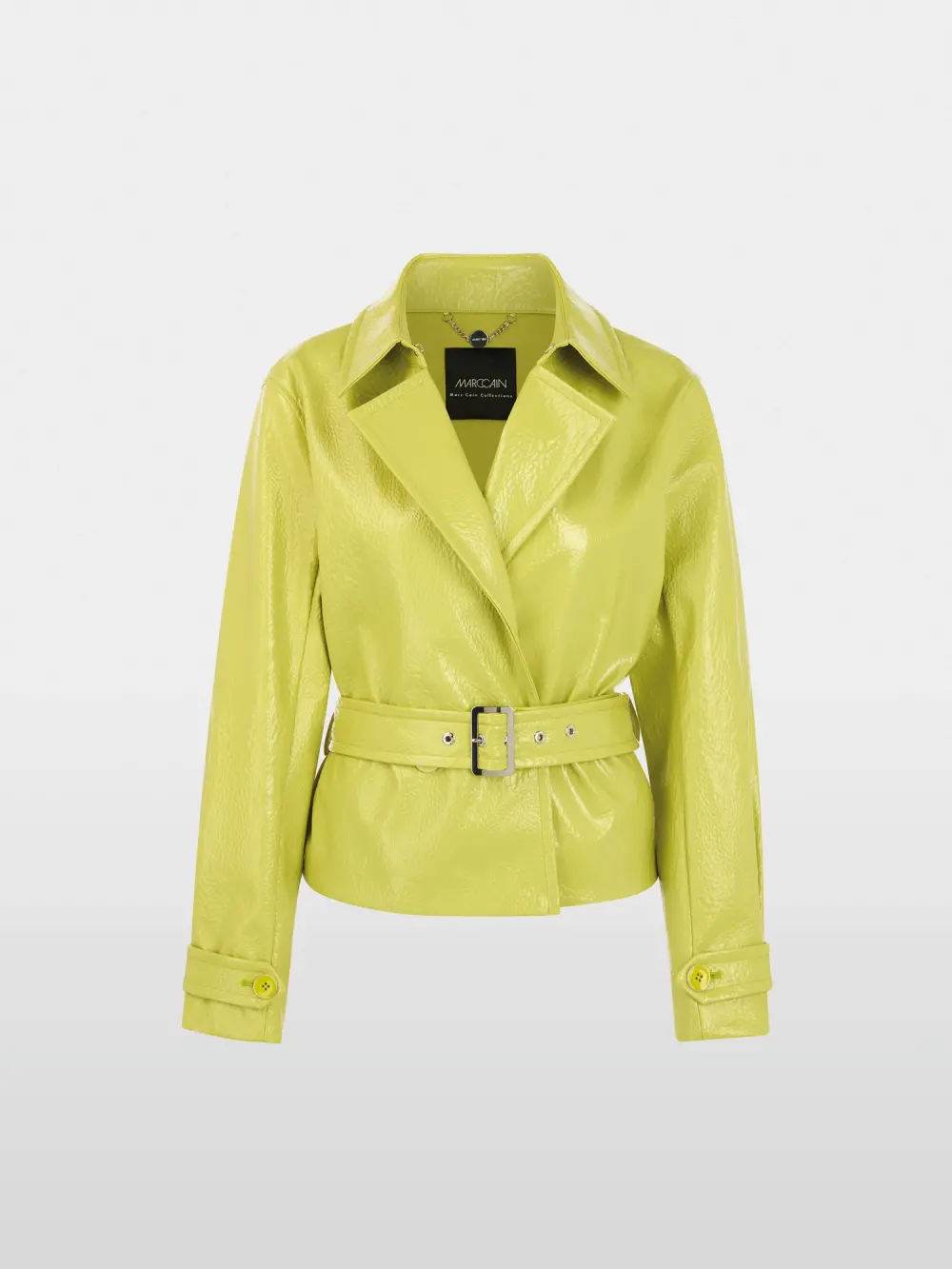 Short trench jacket with patent finish