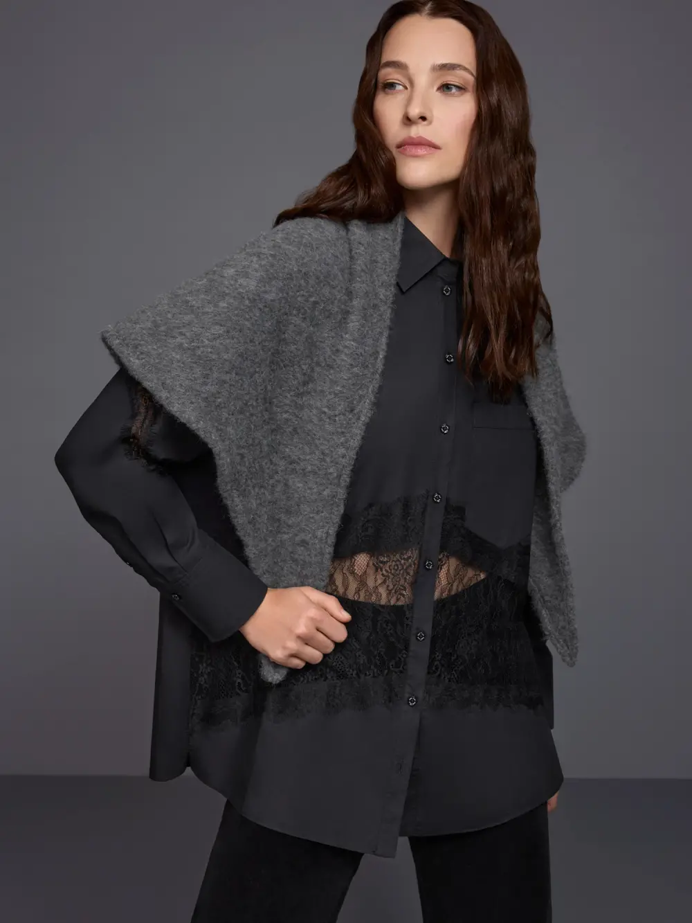 Blouse with lace inserts