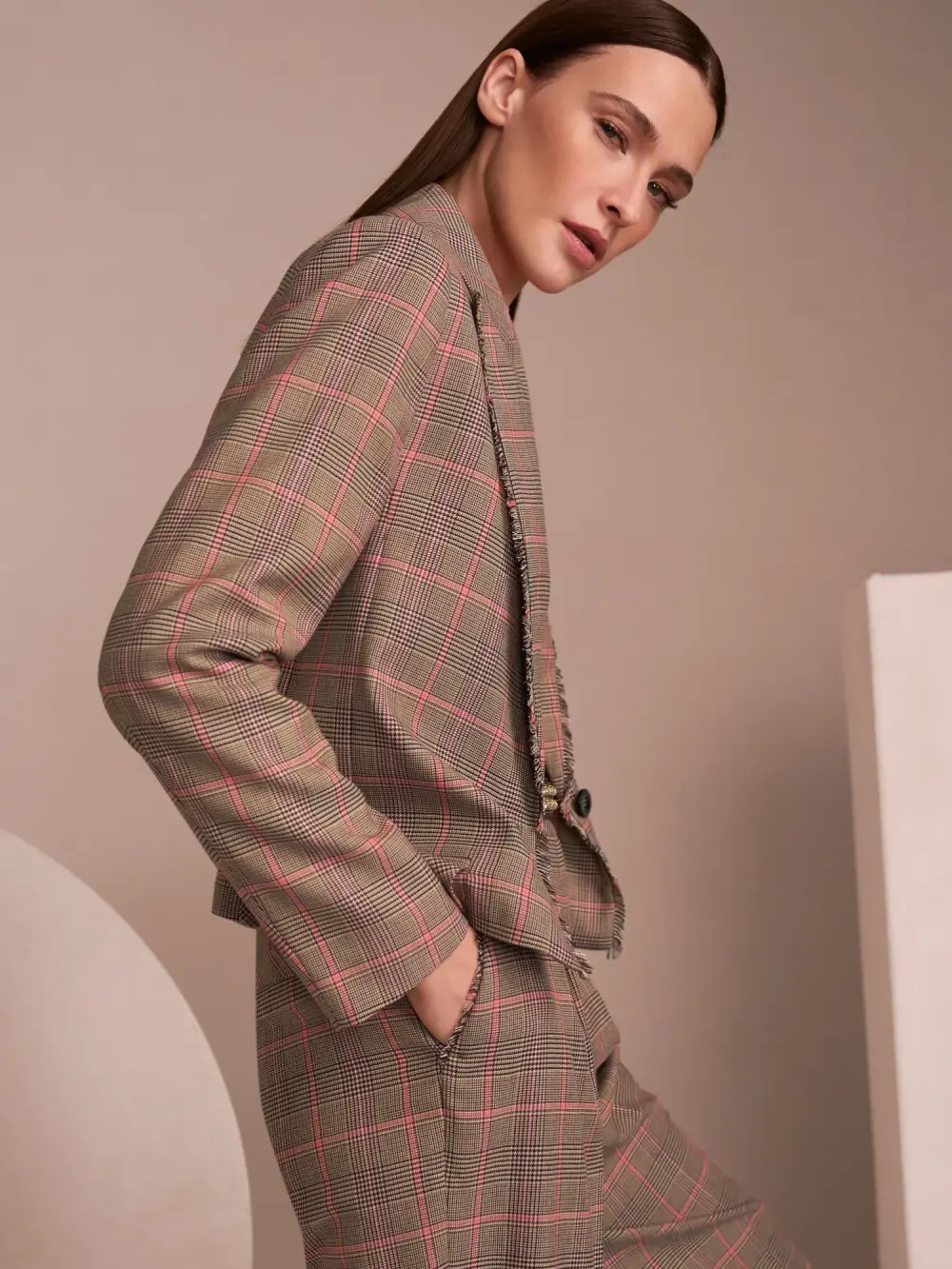 Blazer classique à carreaux avec franges