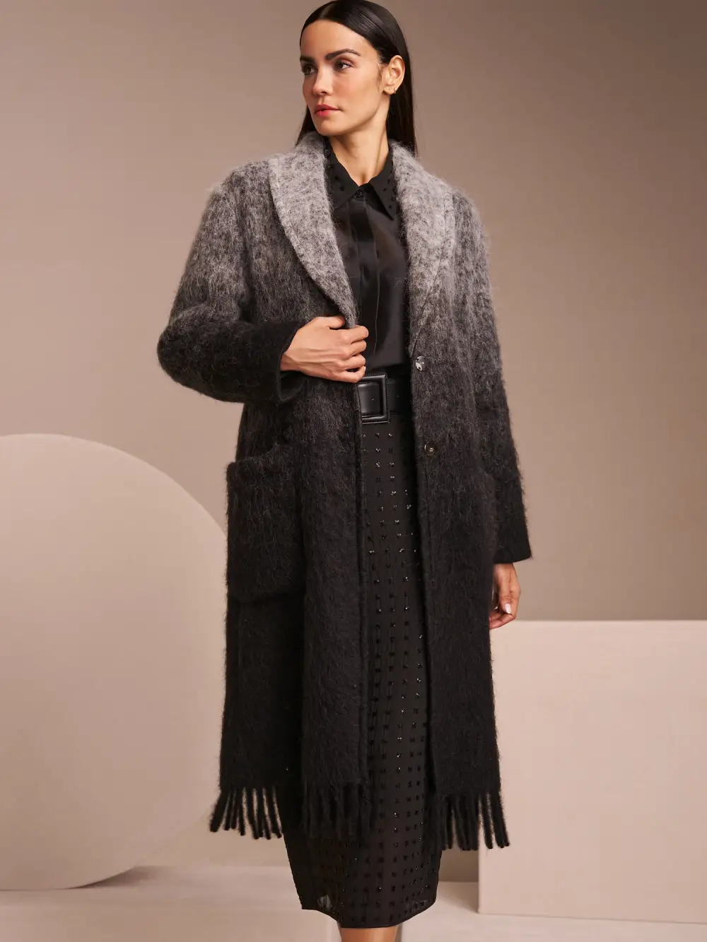 Alpaca blend coat with fringes