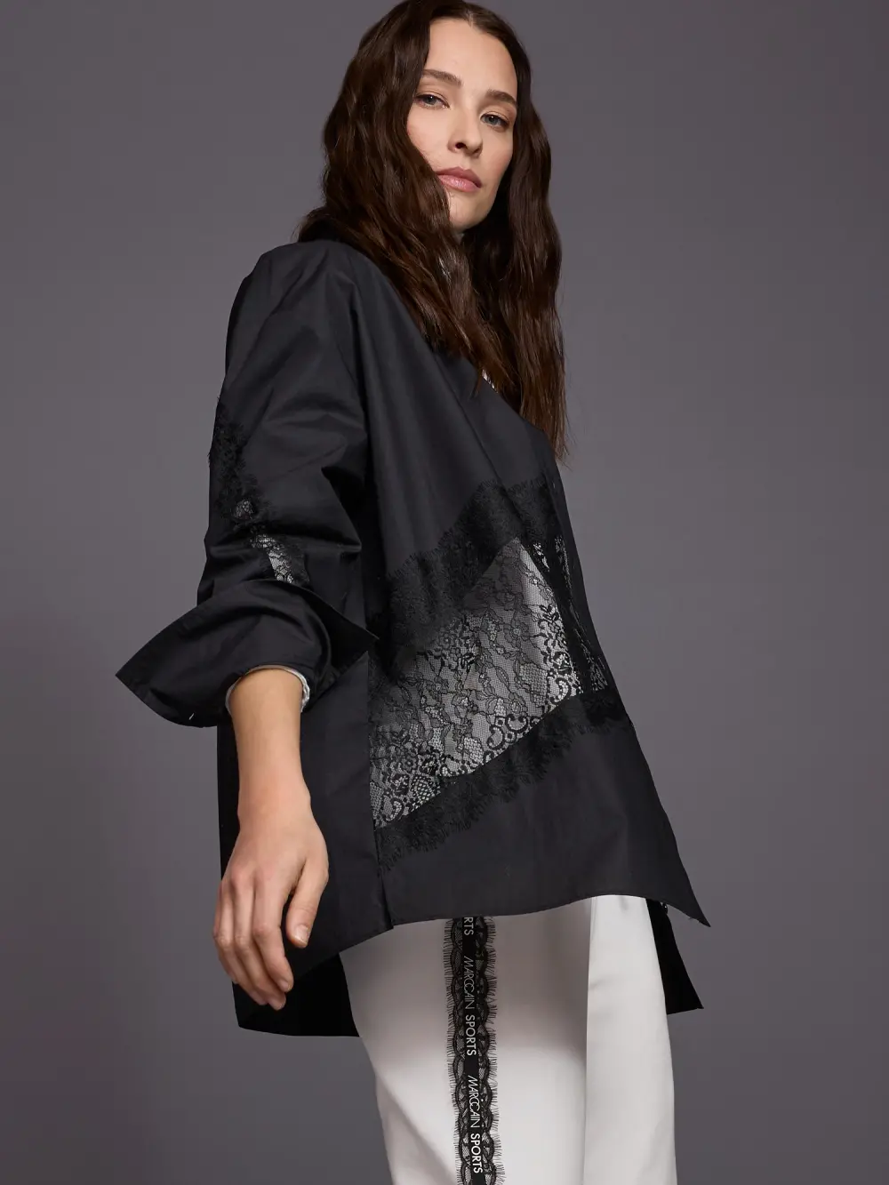 Blouse with lace inserts