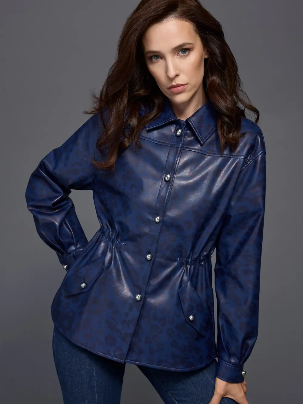 Faux leather blouse with leopard print