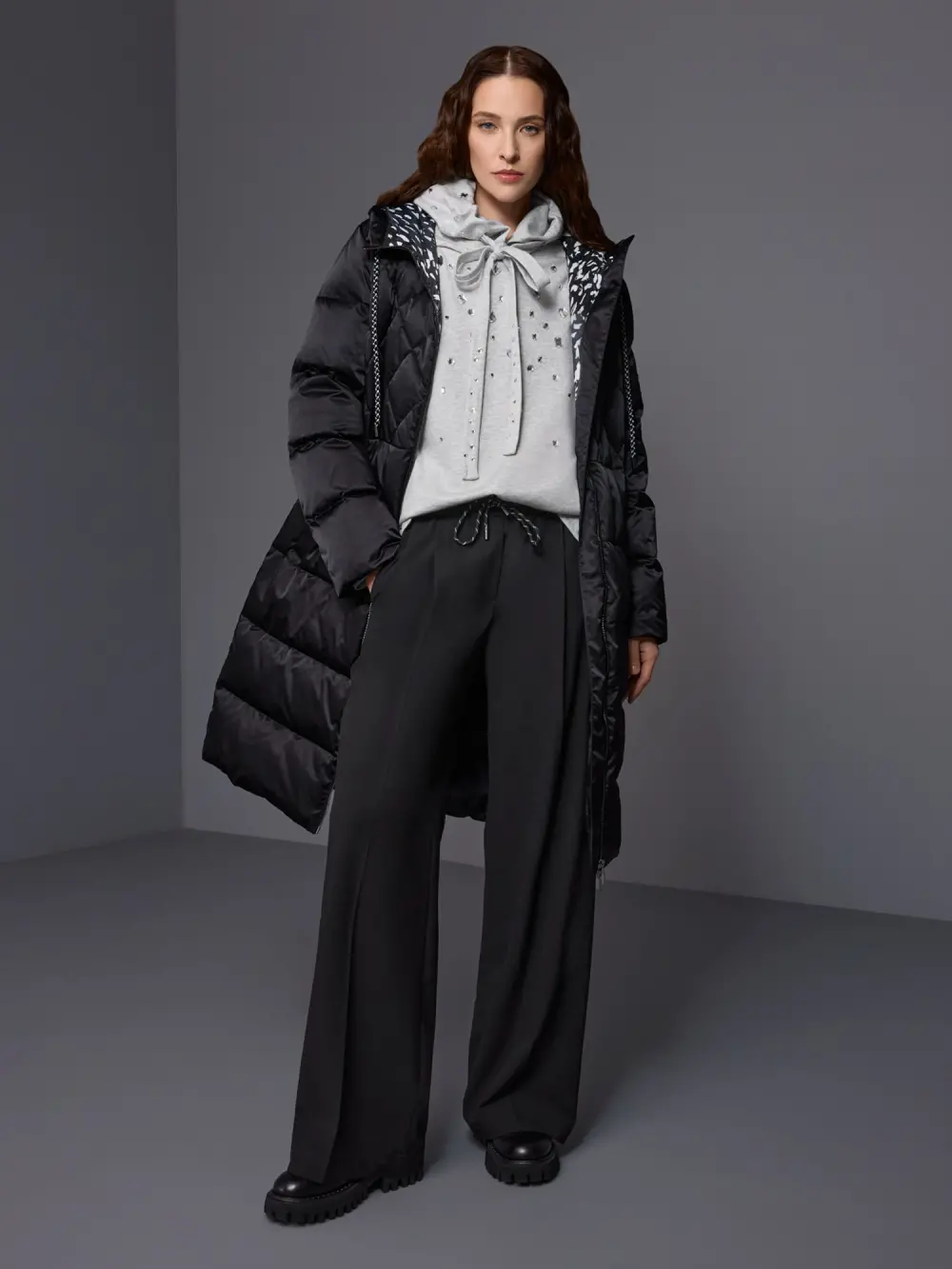 Long quilted coat with hood