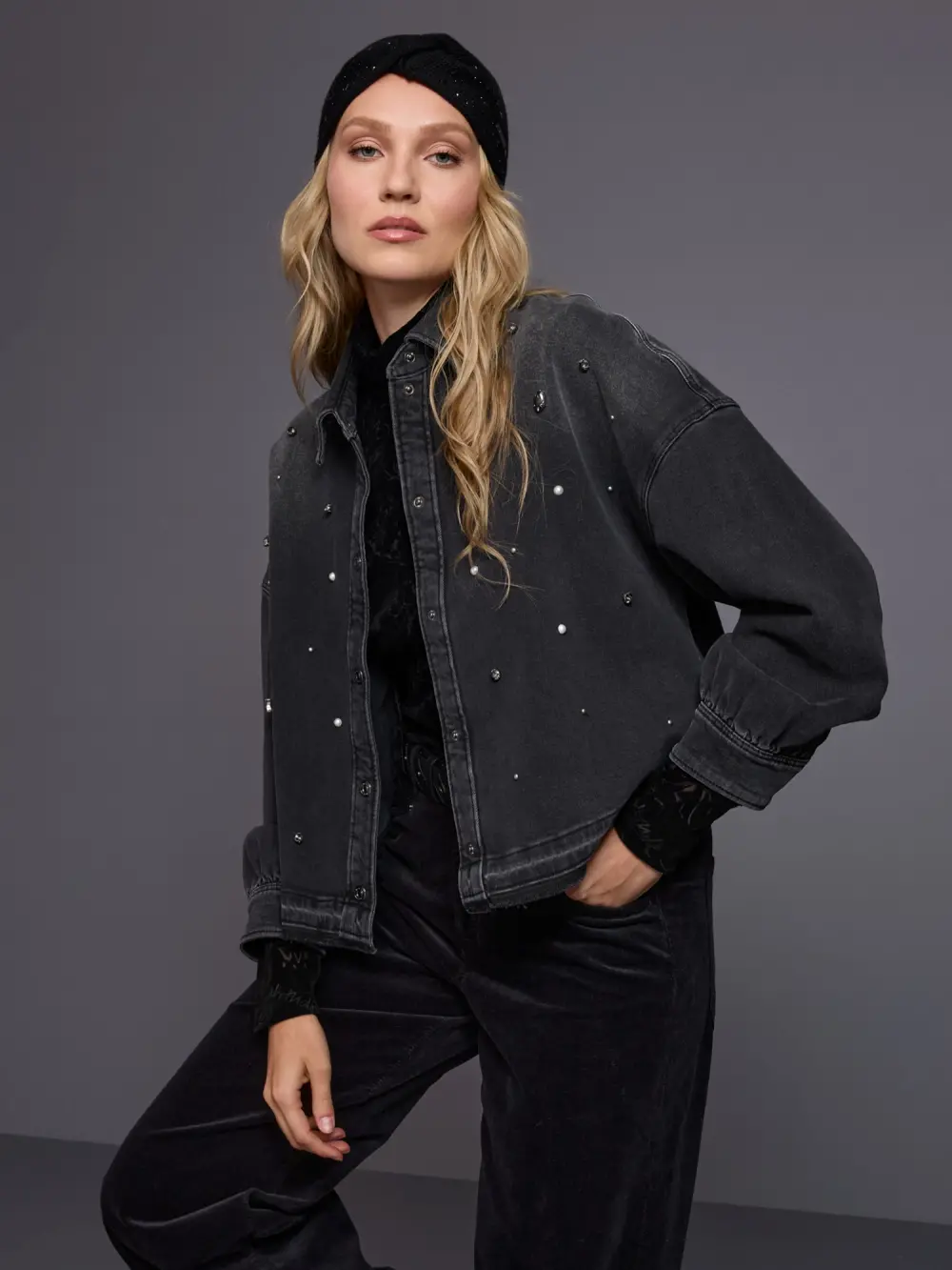 Denim shirt with gemstones