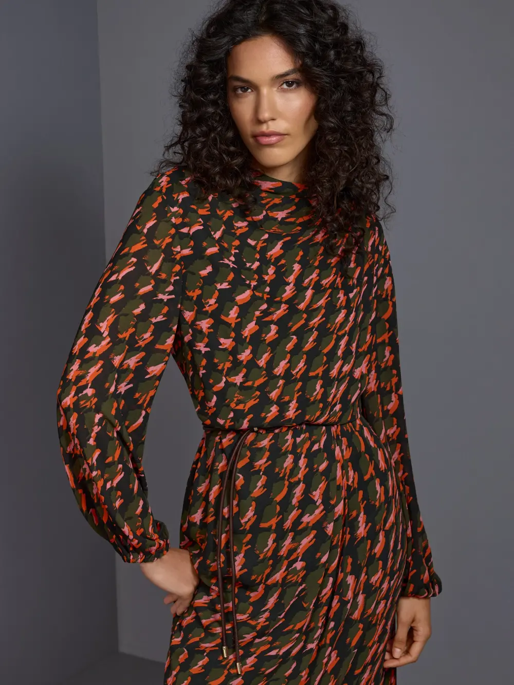Printed dress with drawstring belt