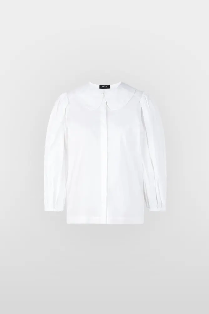 White, straight-cut blouse in stretchy cotton with concealed button placket