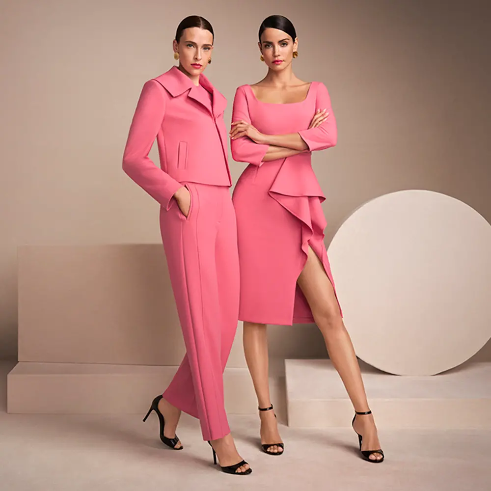 Zwei Frauen vor beigefarbener Wand in eleganter Marc Cain Mode in kräftigem Pink. Links eine Frau in taillierter Jacke mit weiter Hose, rechts eine Frau in figurbetontem Kleid mit Volant-Detail und Beinschlitz. Beide tragen schwarze High Heels.