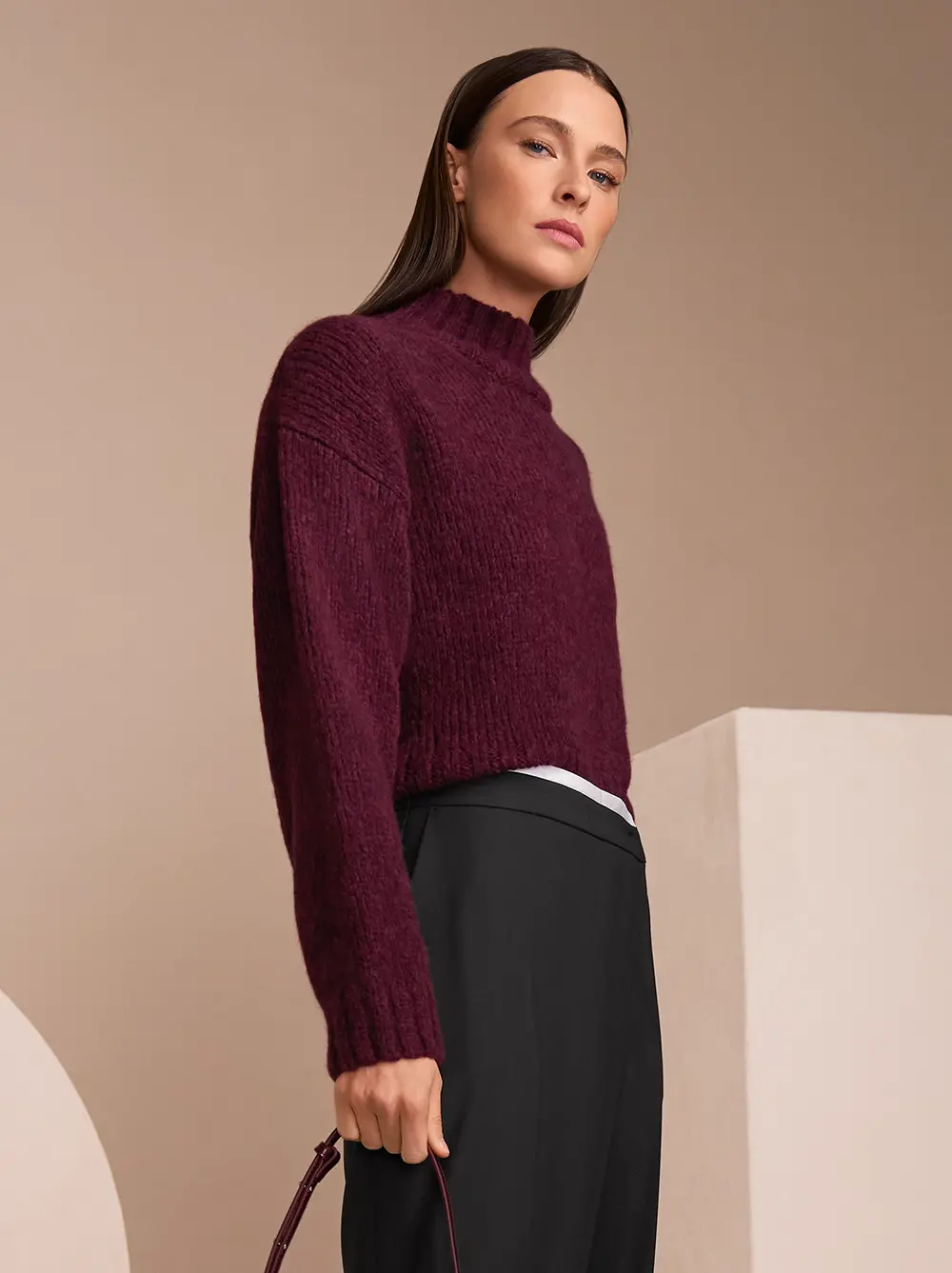 Dunkelroter Rollkragen-Pullover mit schwarzer Hose und leoprint Flats