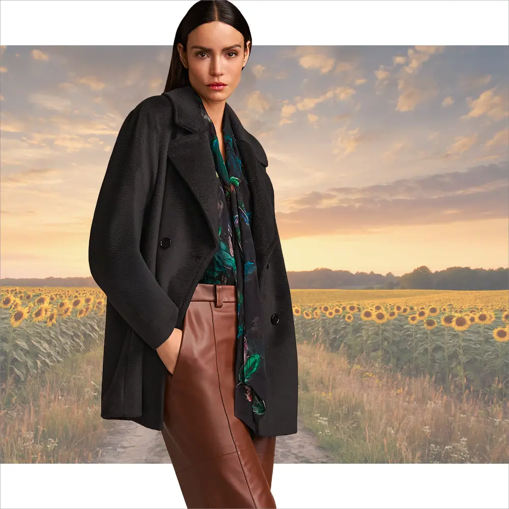 Deep brown pants with flowing blouse and black blazer