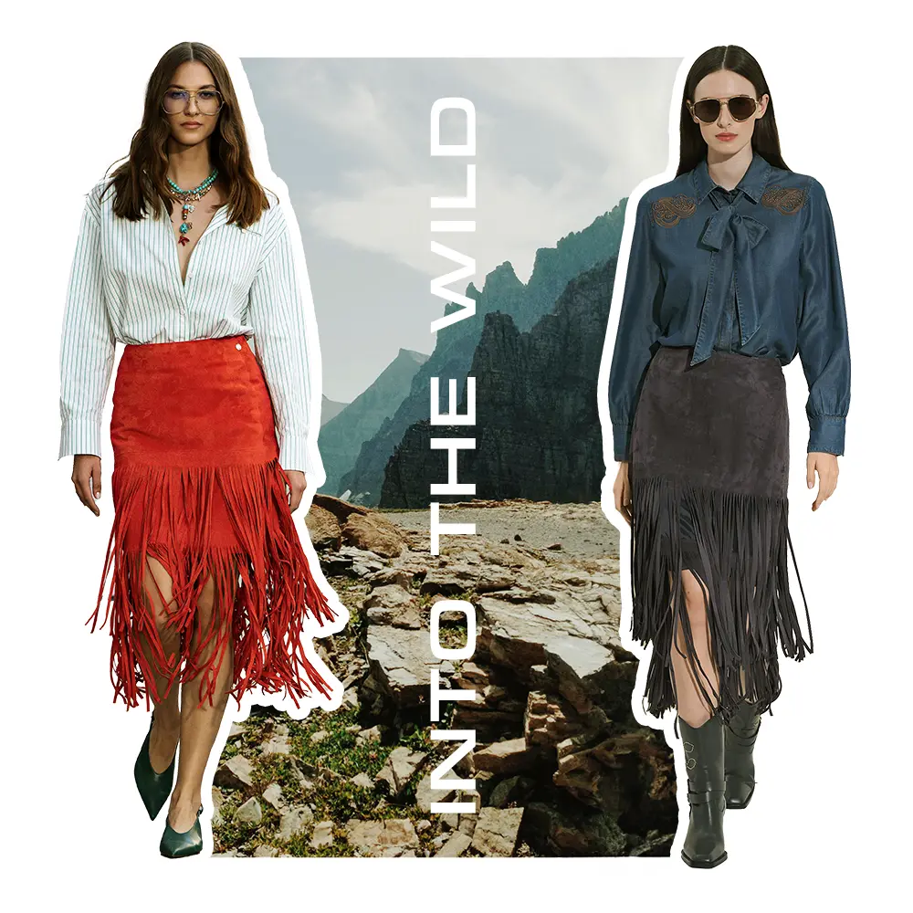 Suede fringed skirt with shirt blouse or cowboy boots