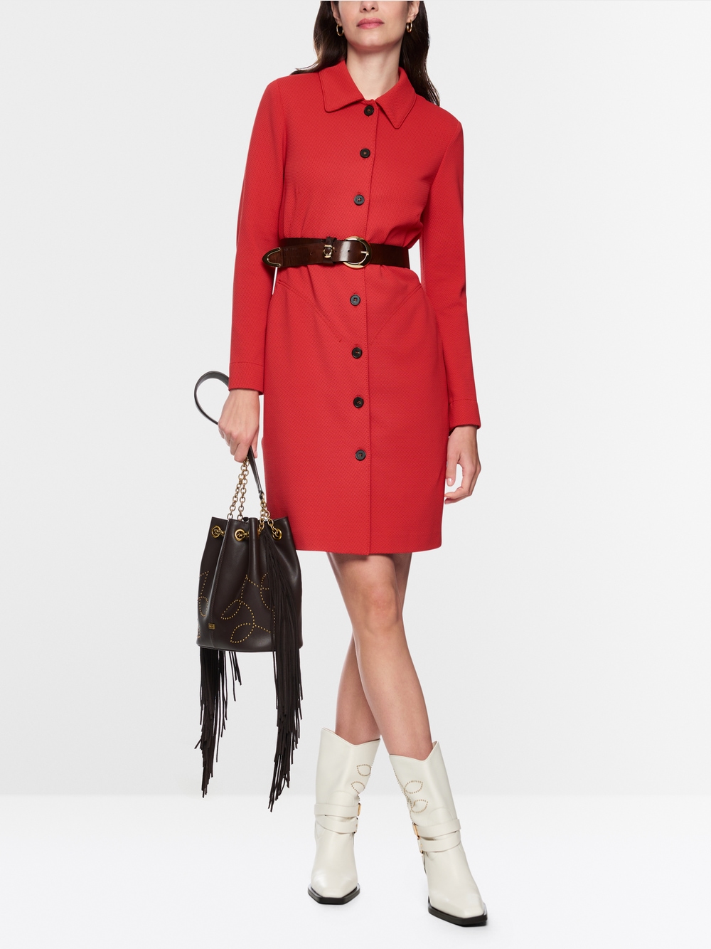 open lace back dress Marc Cain Collection WC 21.29 J09 223 Bright Tomato Red Woven Dress   Olivia Grace Fashion