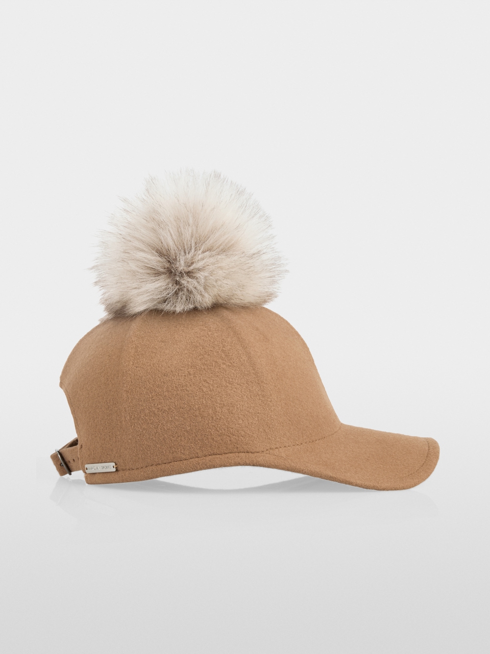 Wool cap with faux fur pompom
