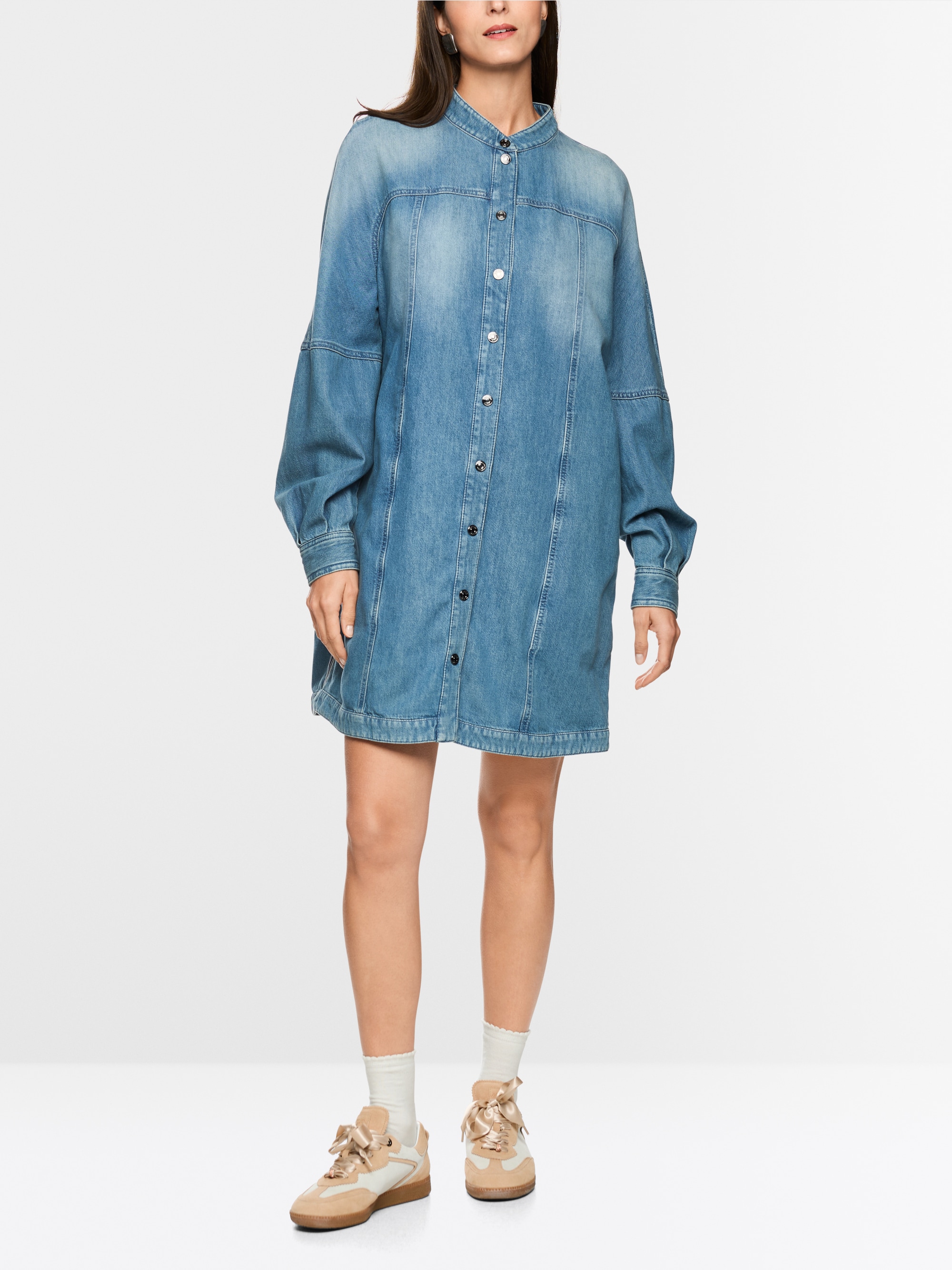 Denim mini dress with stand-up collar