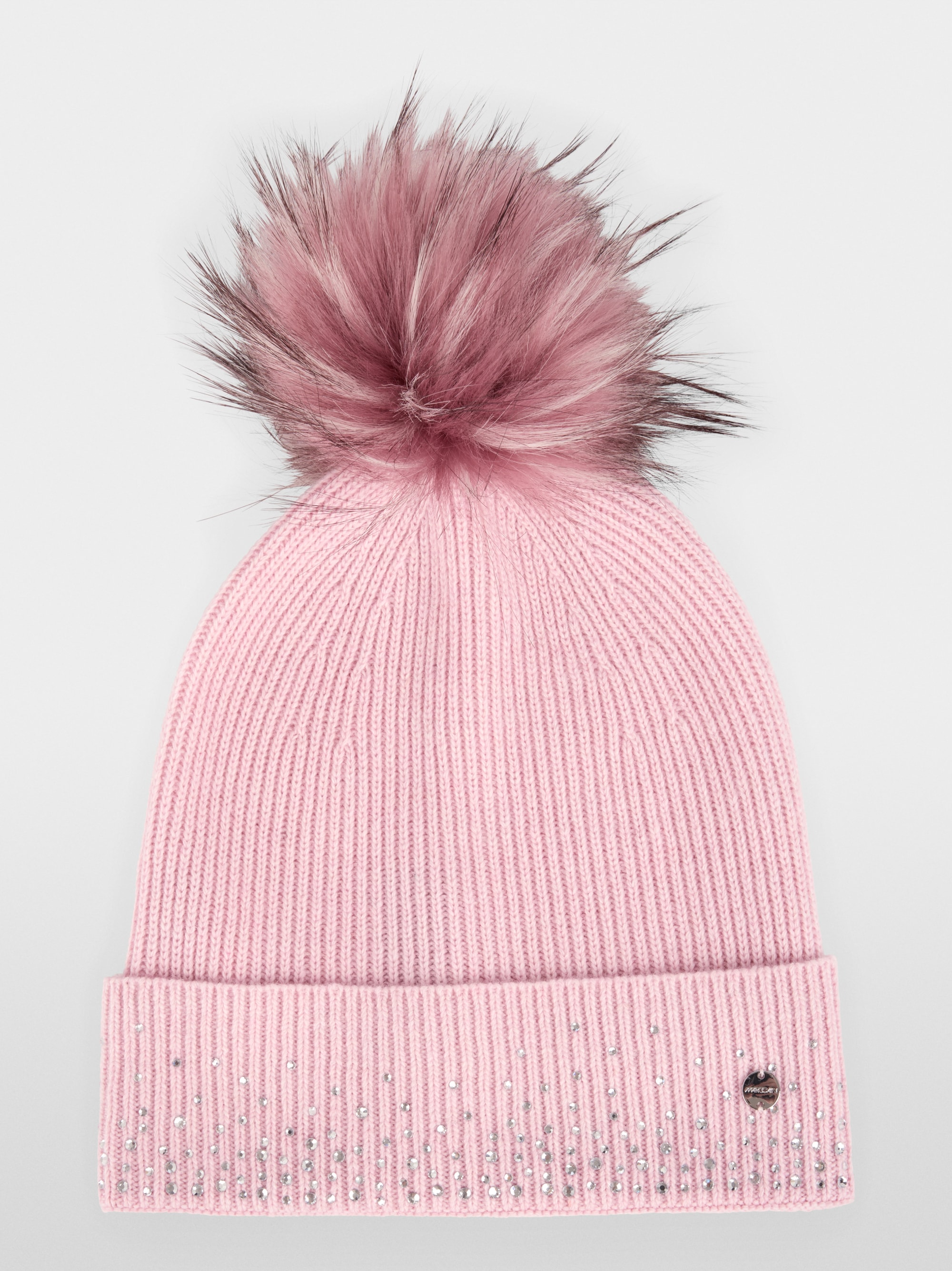 Hat with faux fur pom-pom and sequins