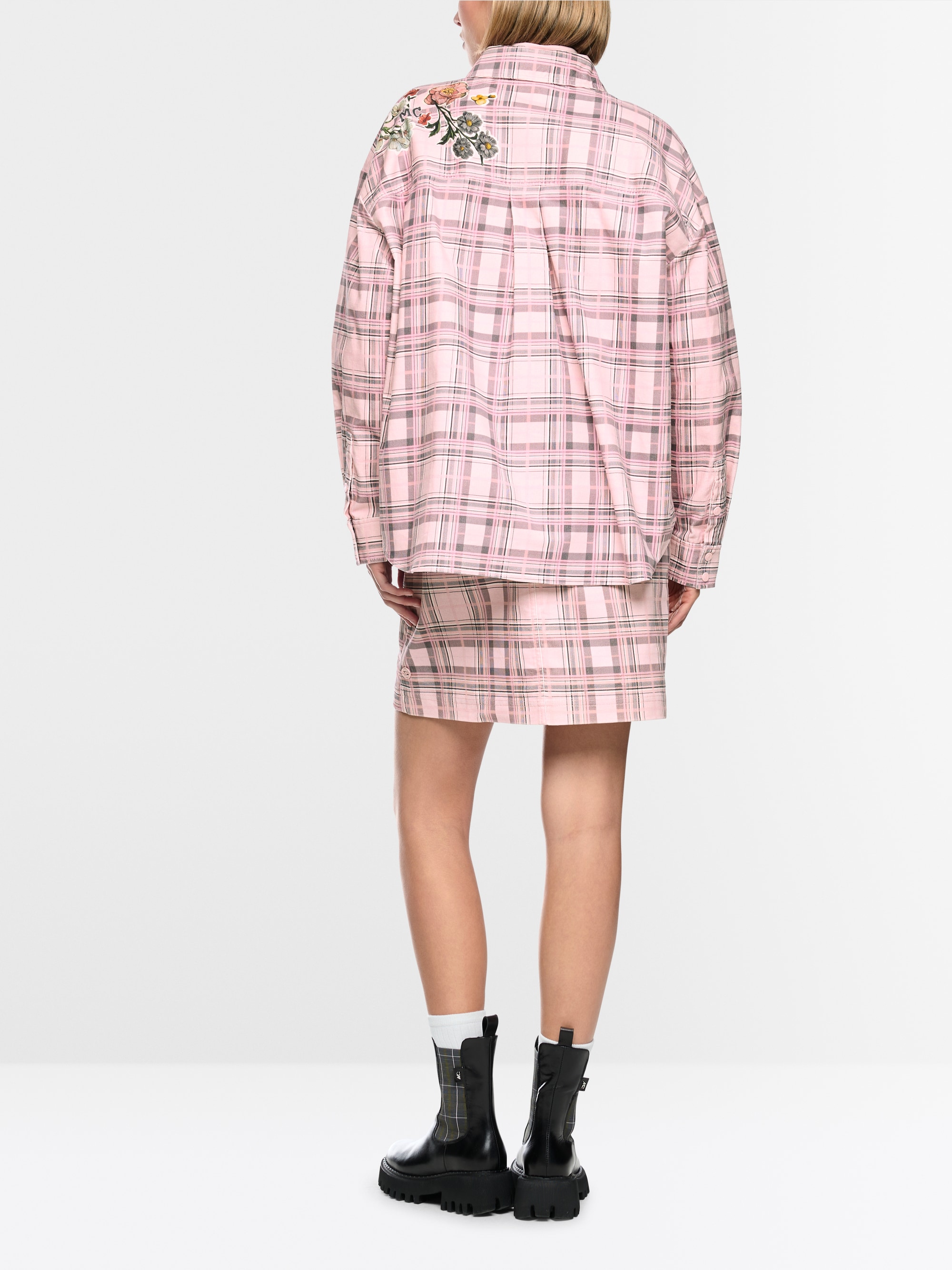Corduroy blouse with checked design and flowers