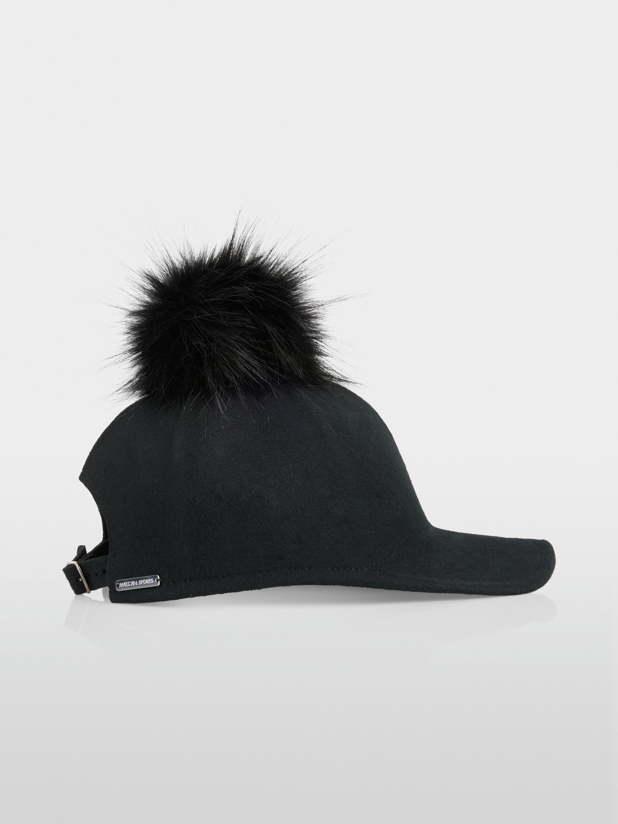 Wool cap with faux fur pompom