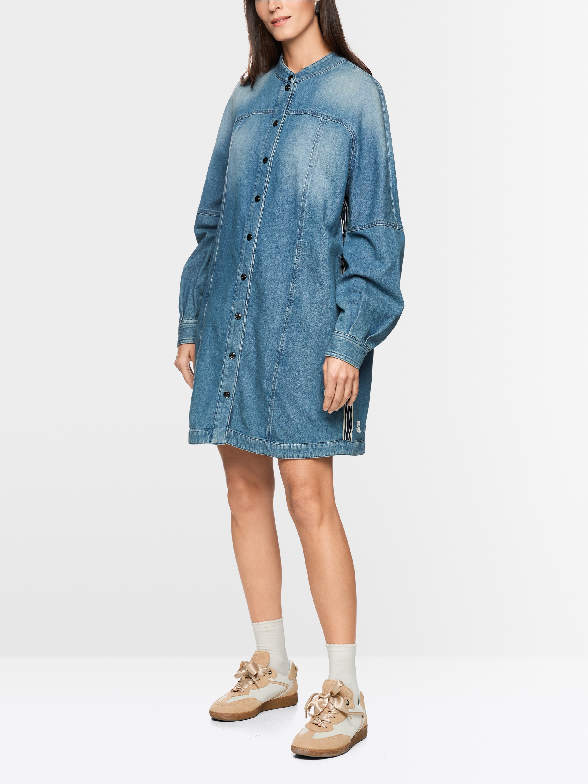 Denim mini dress with stand-up collar
