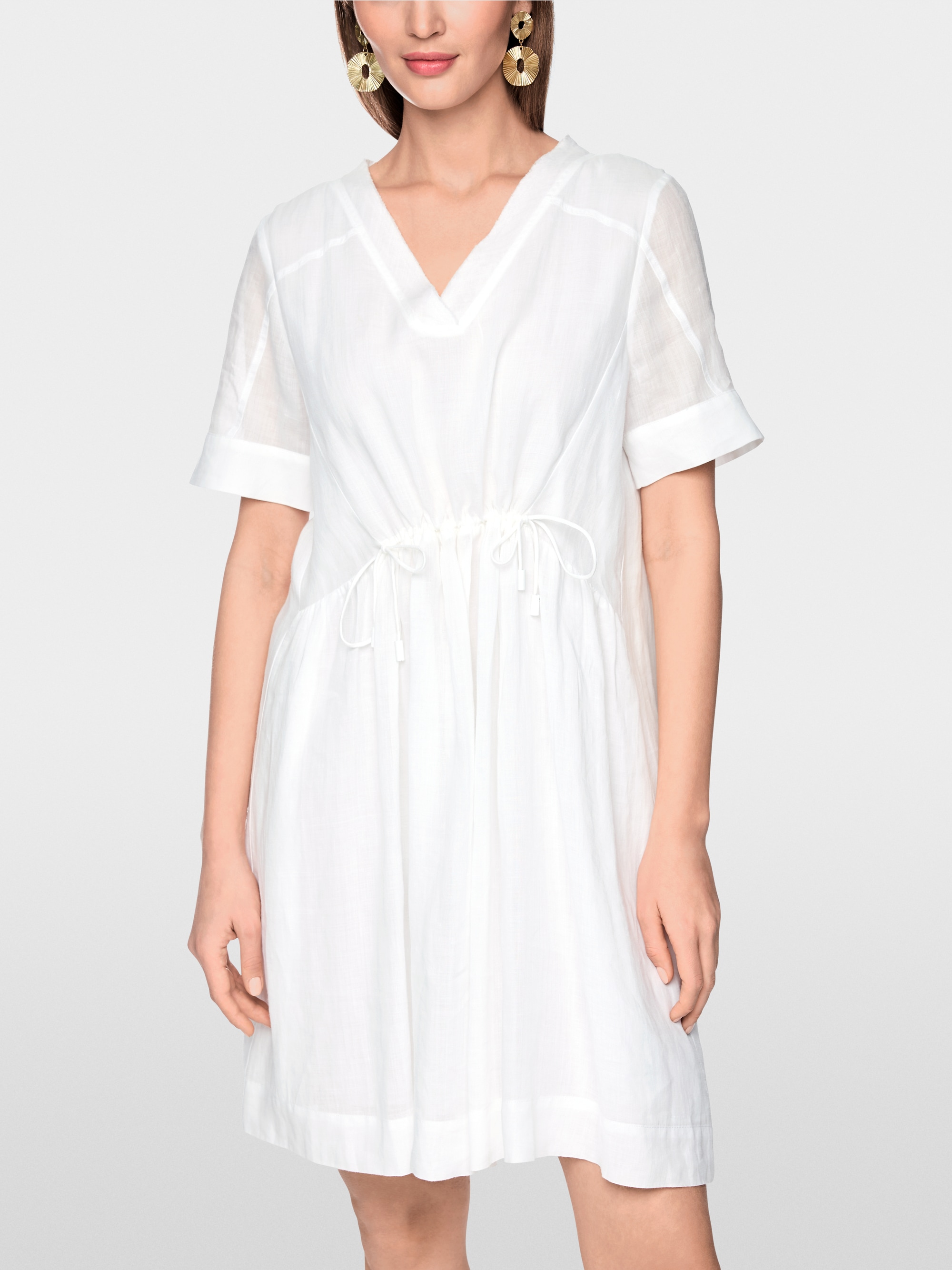 Short-sleeved ramie dress with fringes