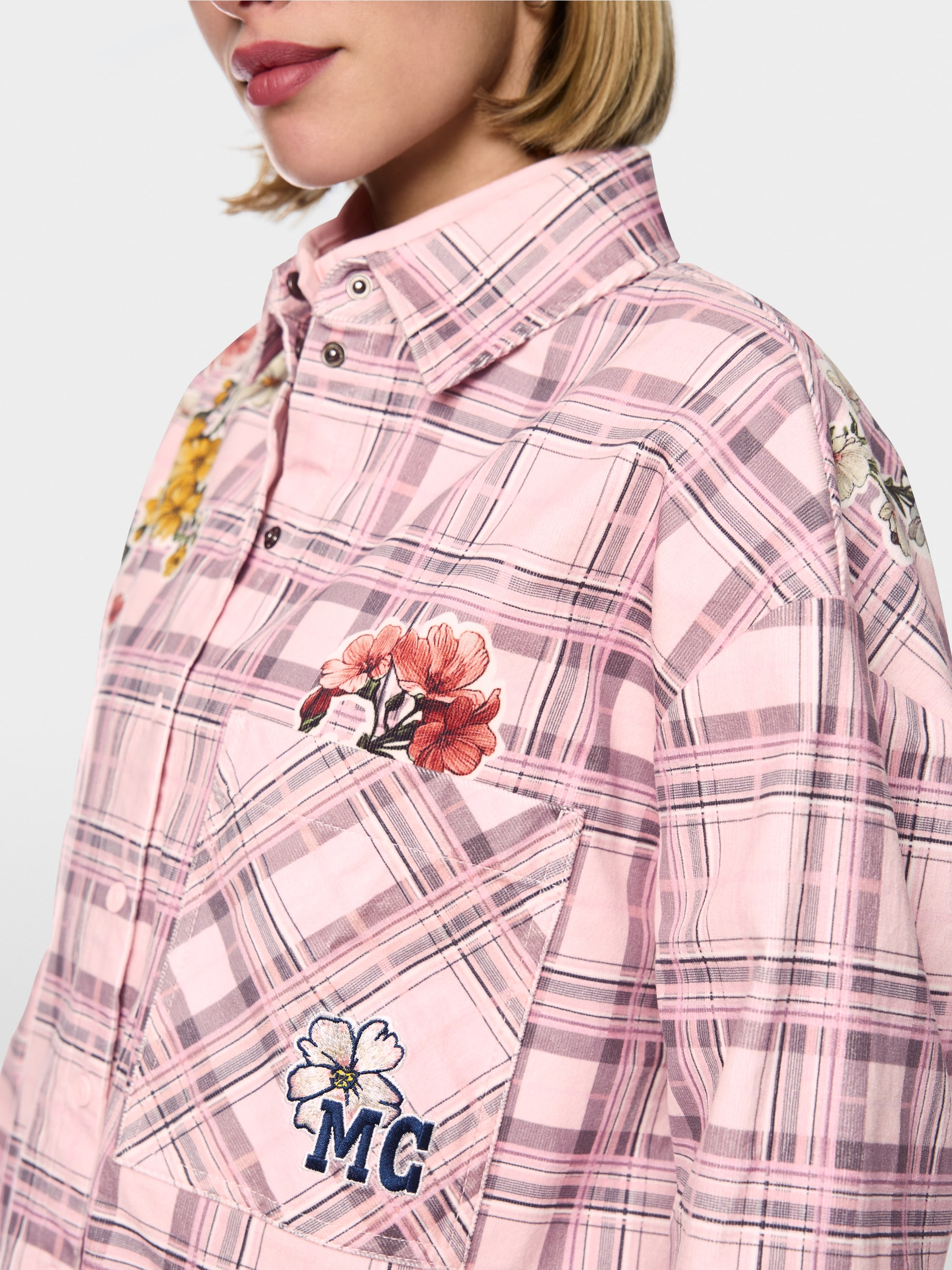 Corduroy blouse with checked design and flowers