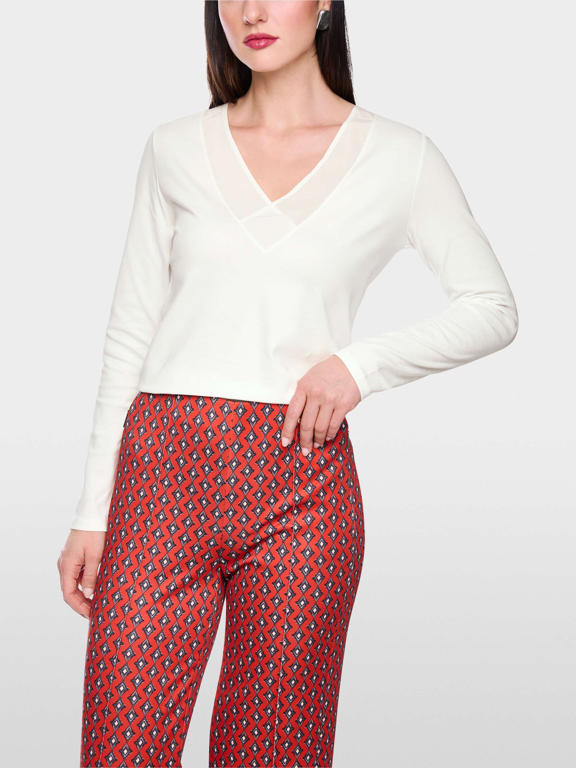 Long-sleeved top with silk trim