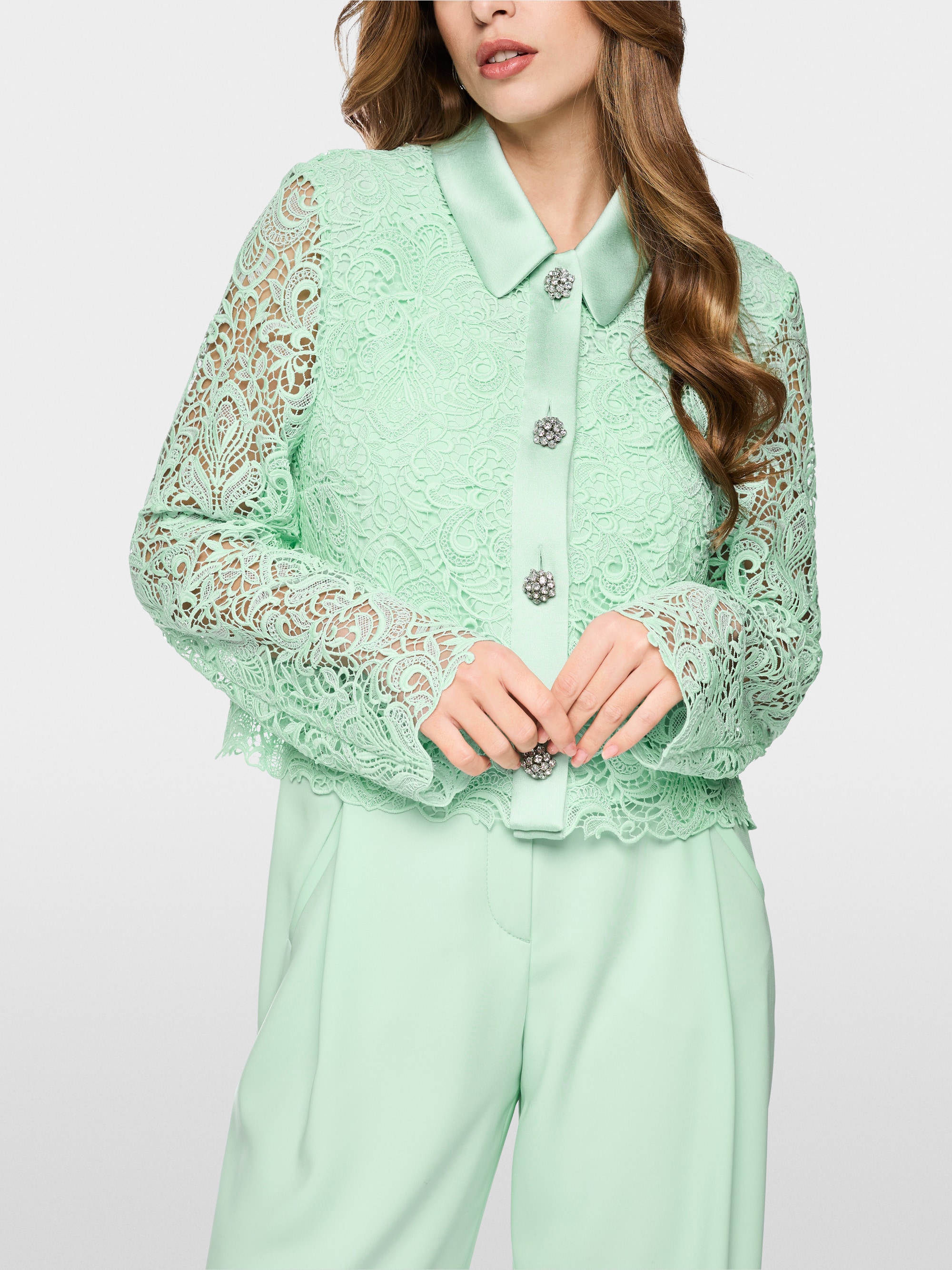 Jacket with lace and rhinestone buttons