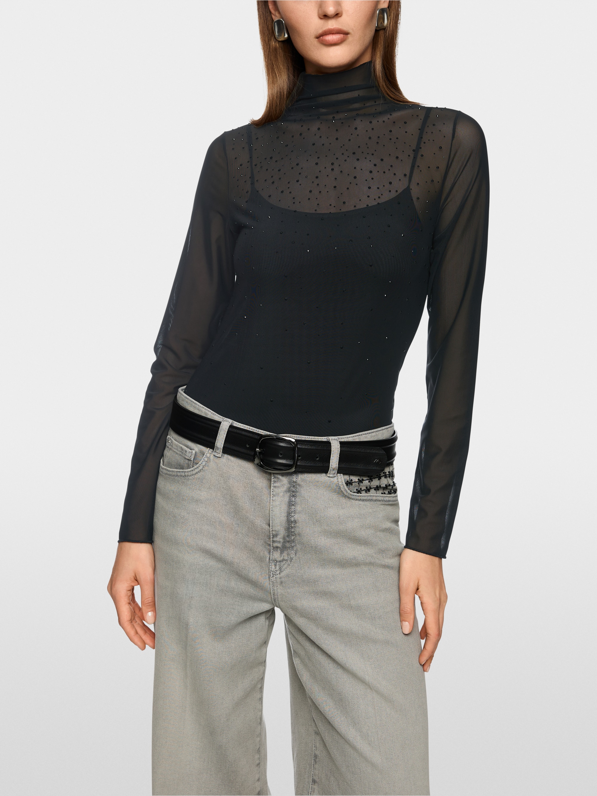 Mesh-Longsleeve mit Hotfixsteinchen