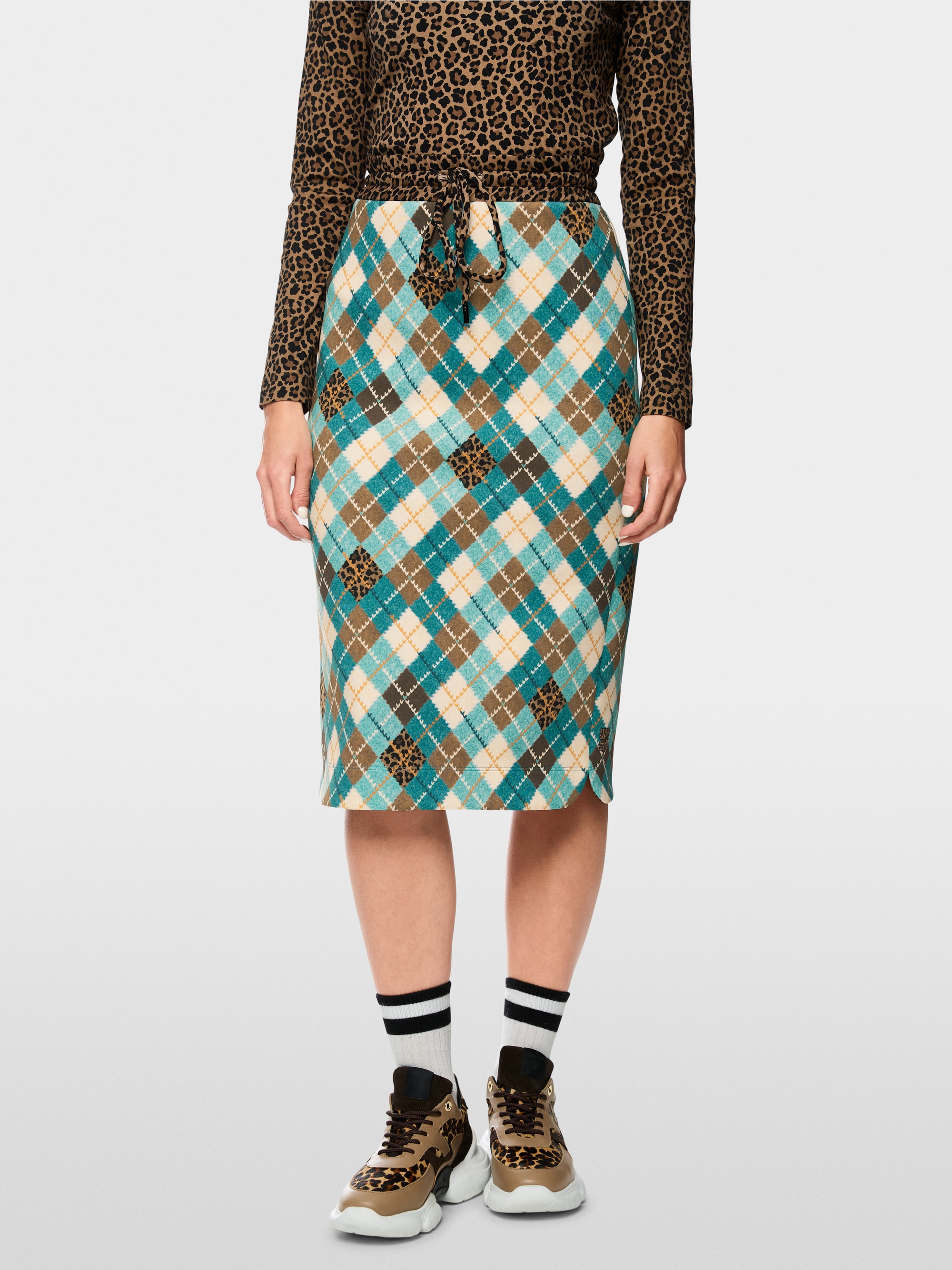 Jupe midi en jersey scuba à motif argyle