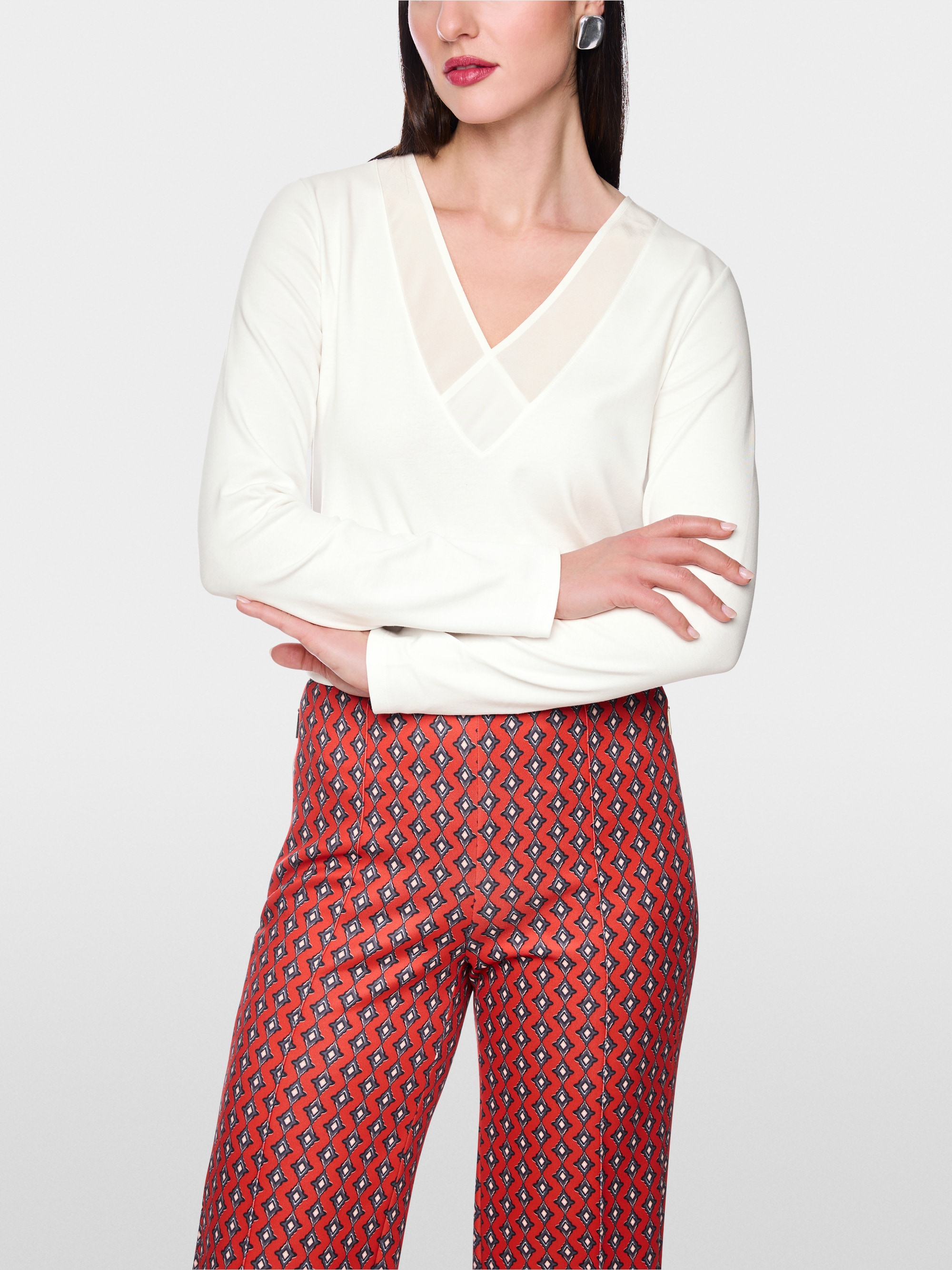 Long-sleeved top with silk trim