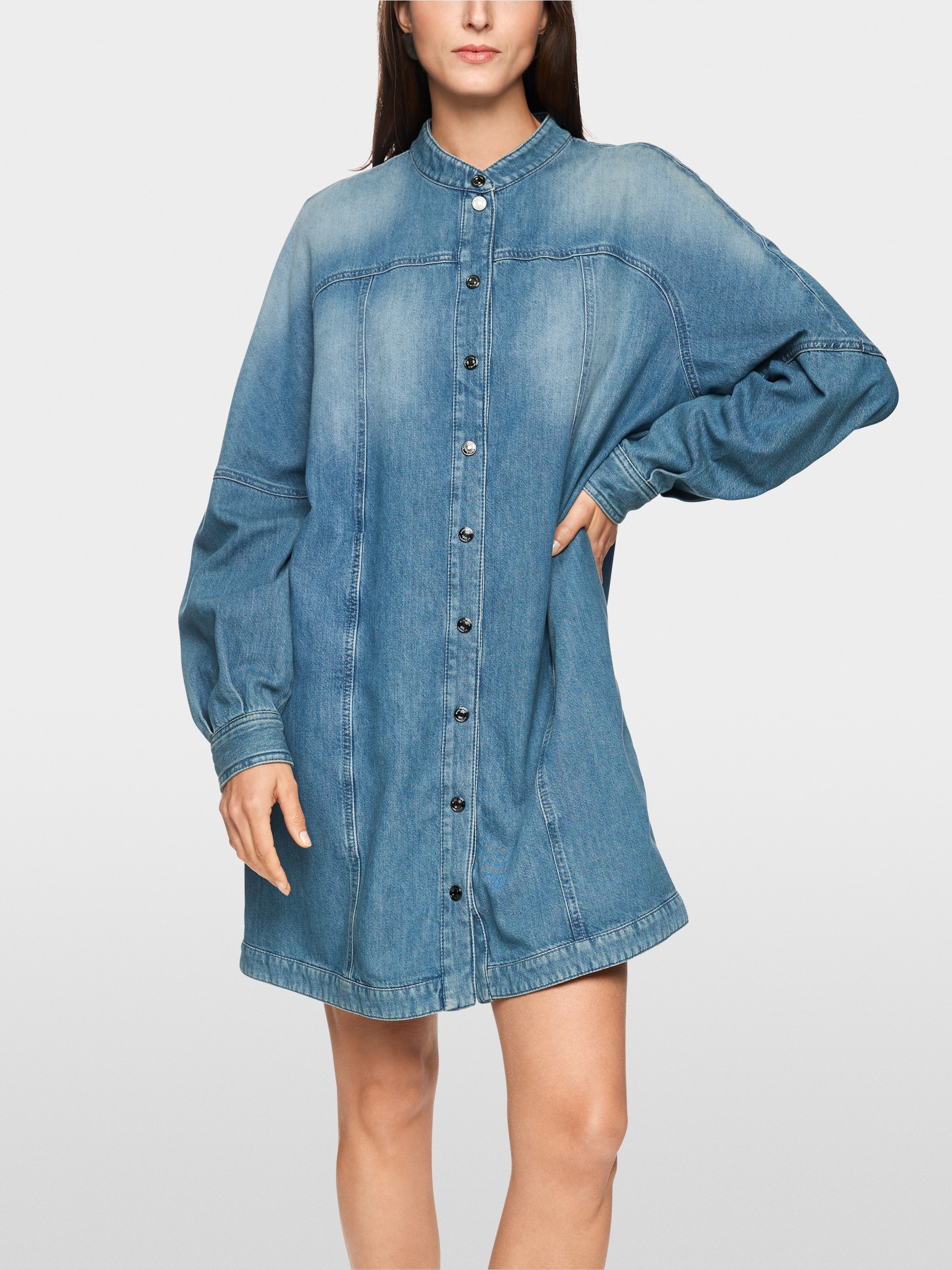 Denim mini dress with stand-up collar