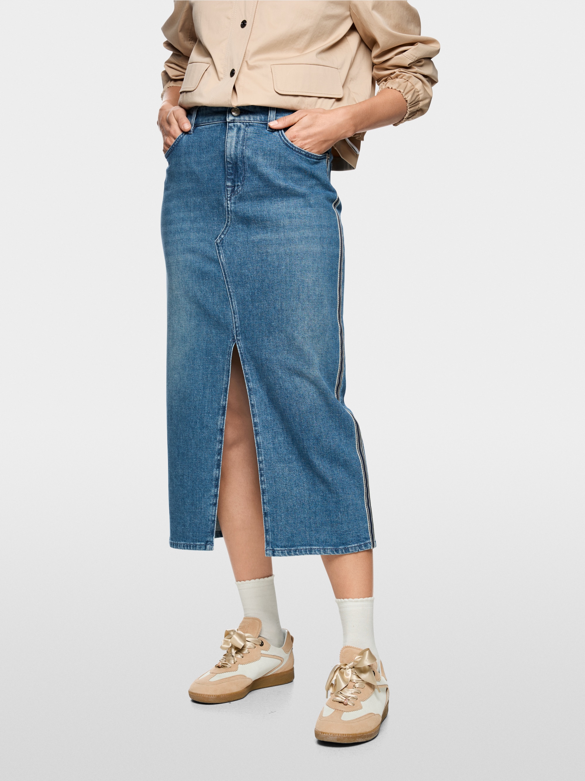 Denim midi skirt with side stripes