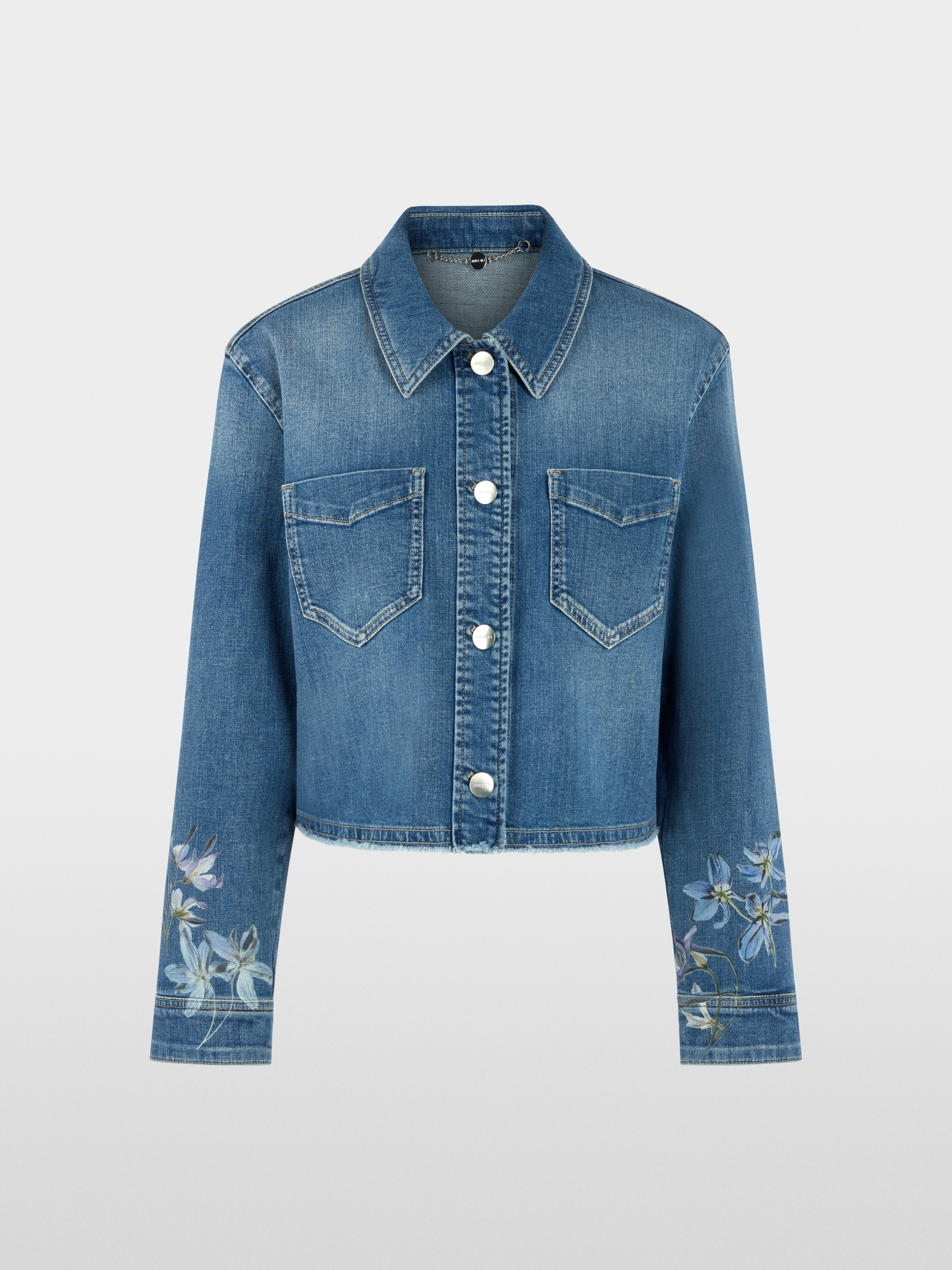Denim jacket with floral print sleeves