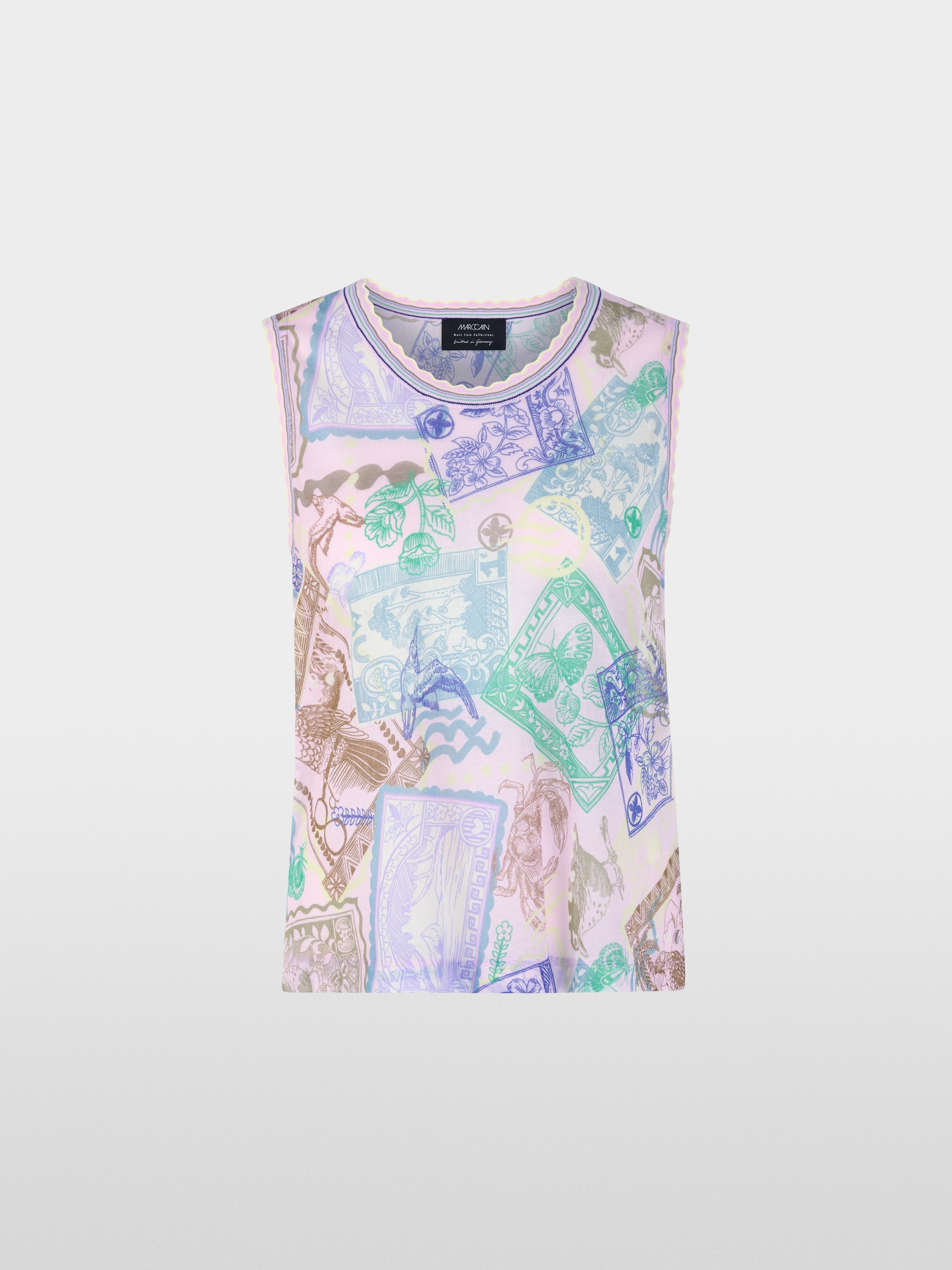 Sleeveless knitted top with stamp print
