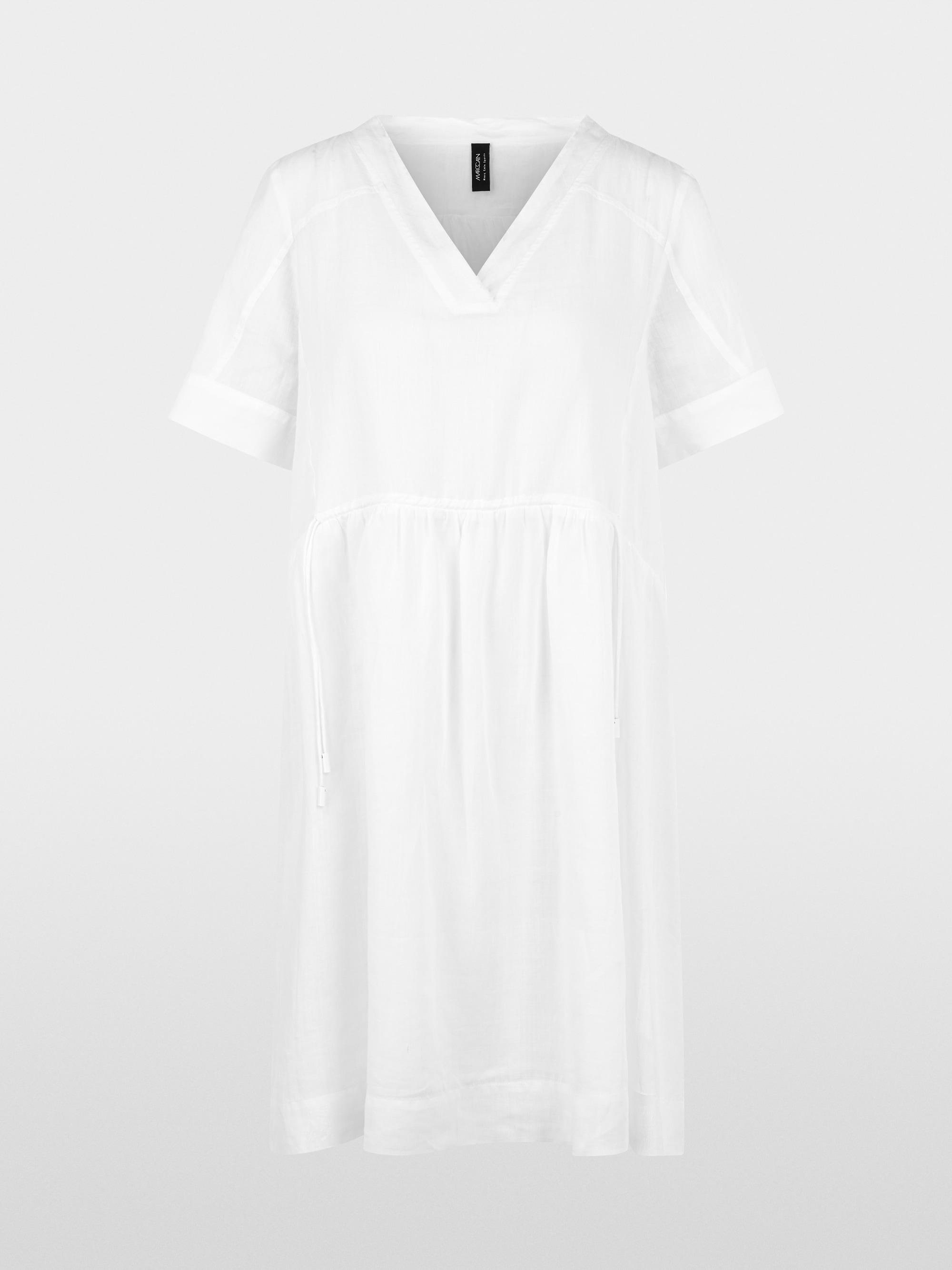 Short-sleeved ramie dress with fringes