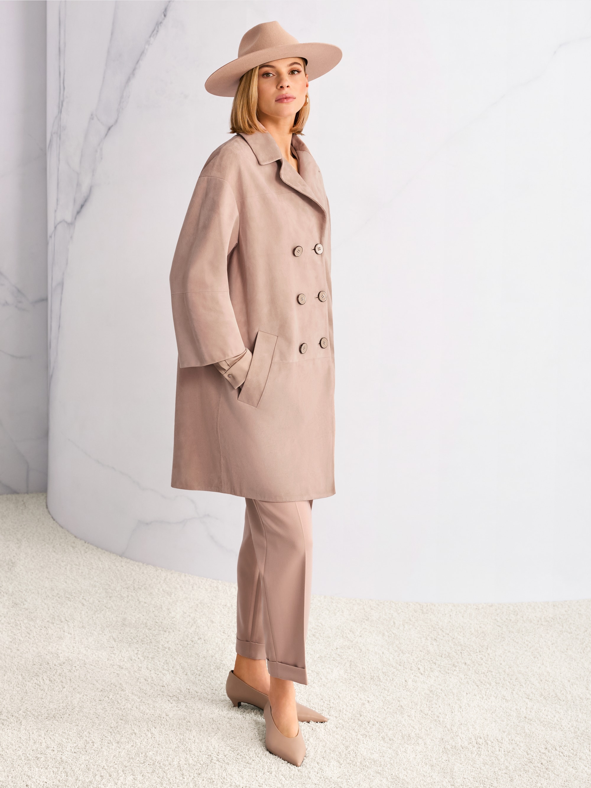 ‘Rethink Together’ suede coat