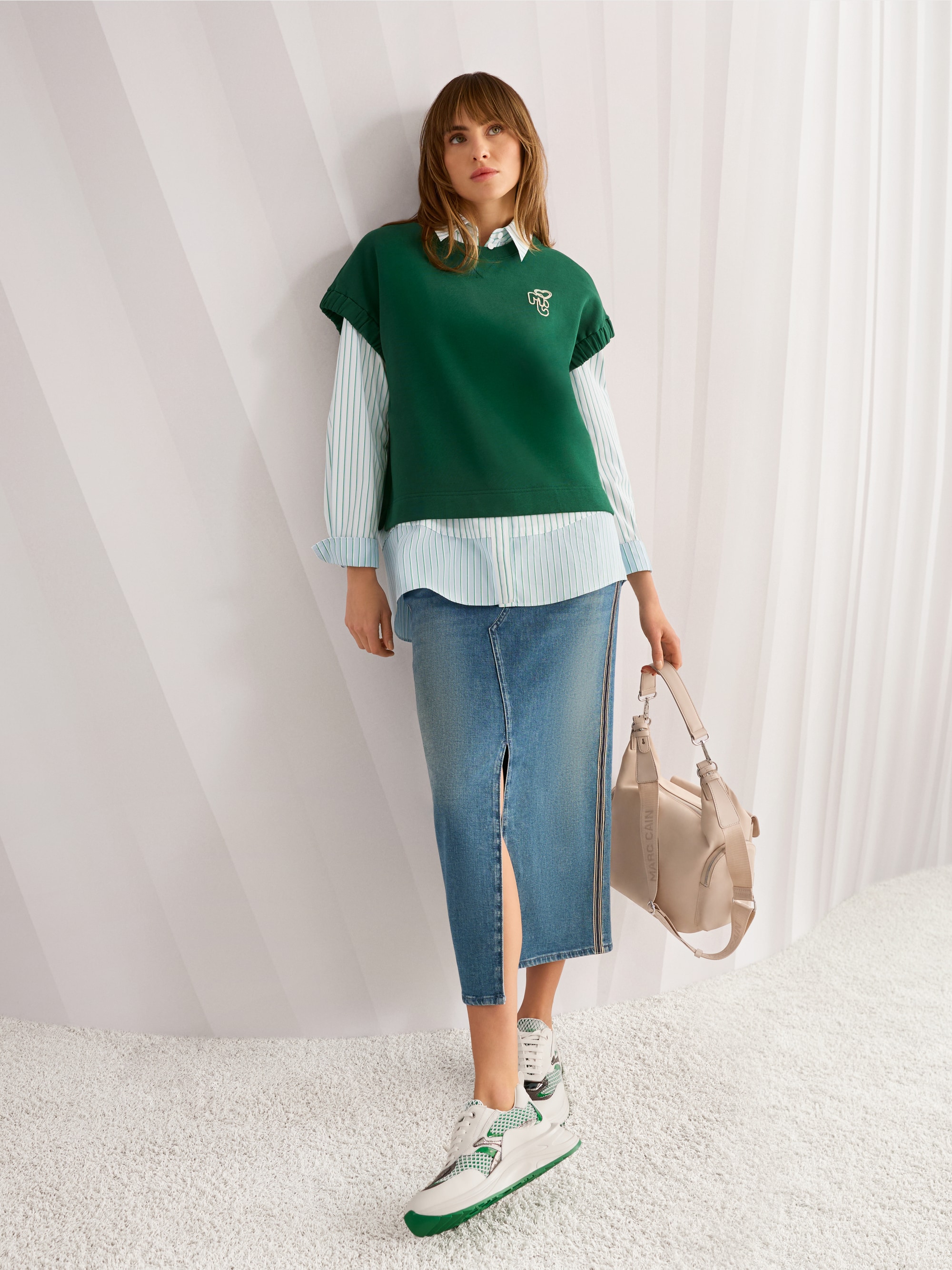 Denim midi skirt with side stripes