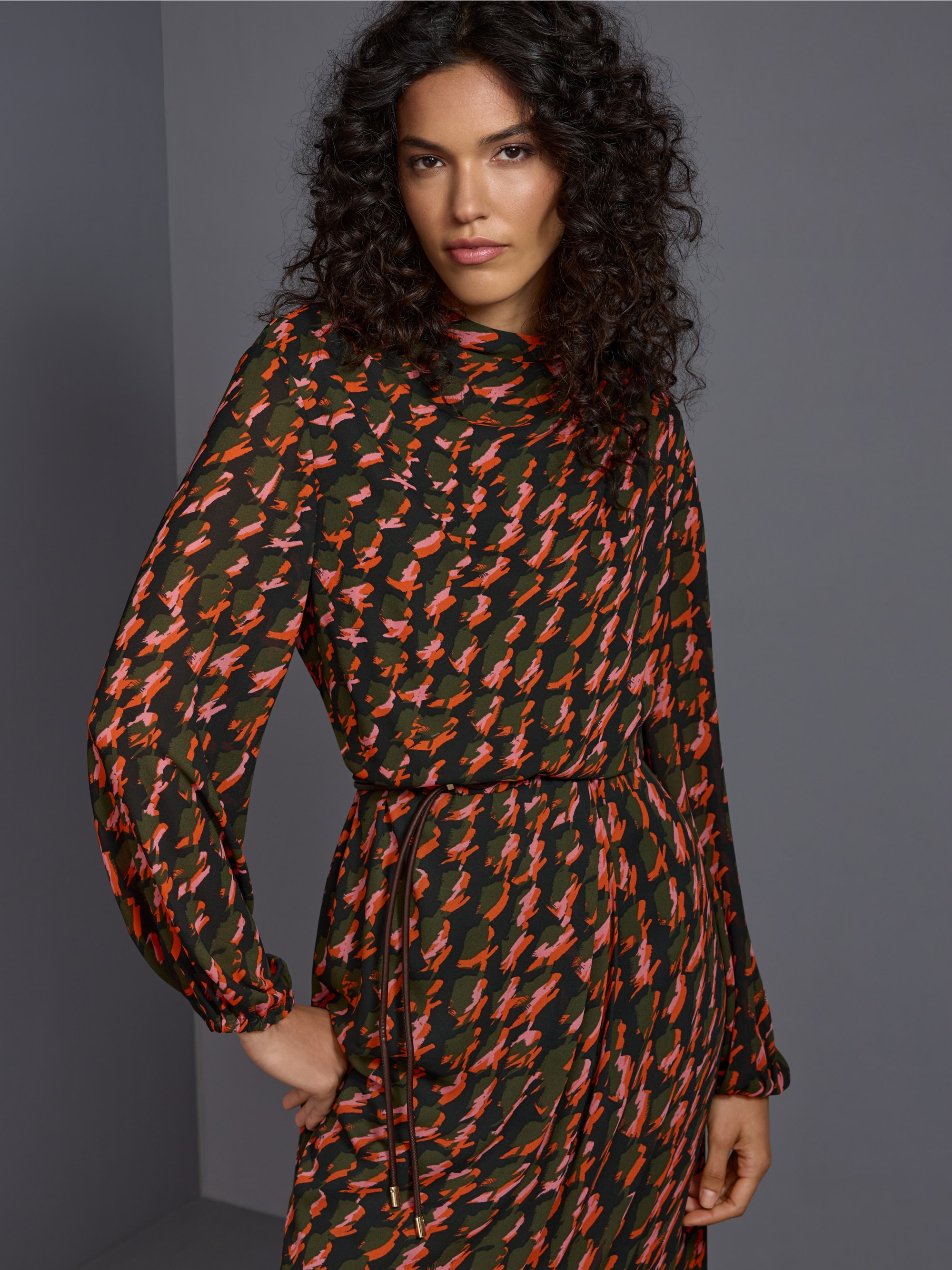 Printed dress with drawstring belt