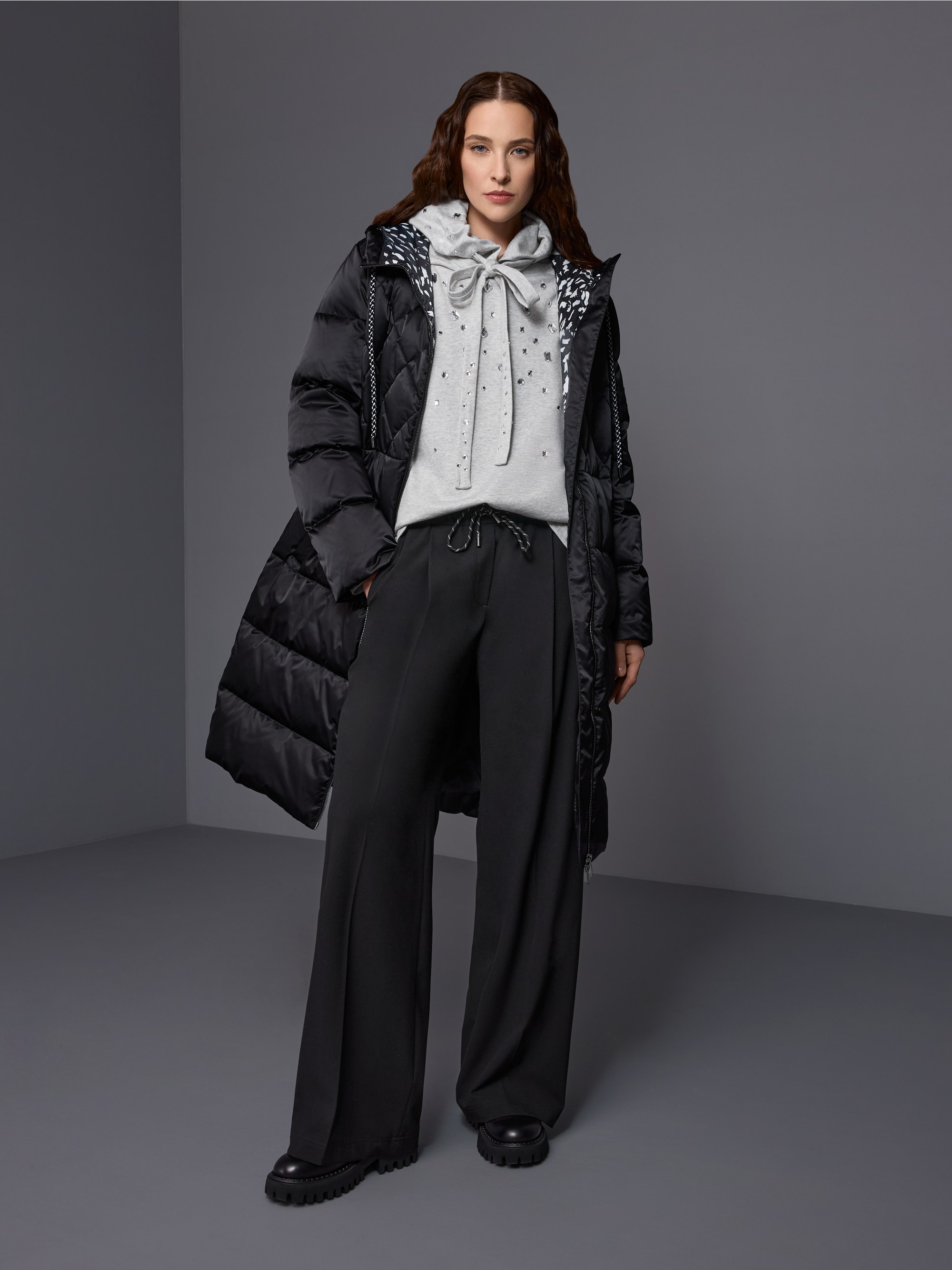 Long quilted coat with hood