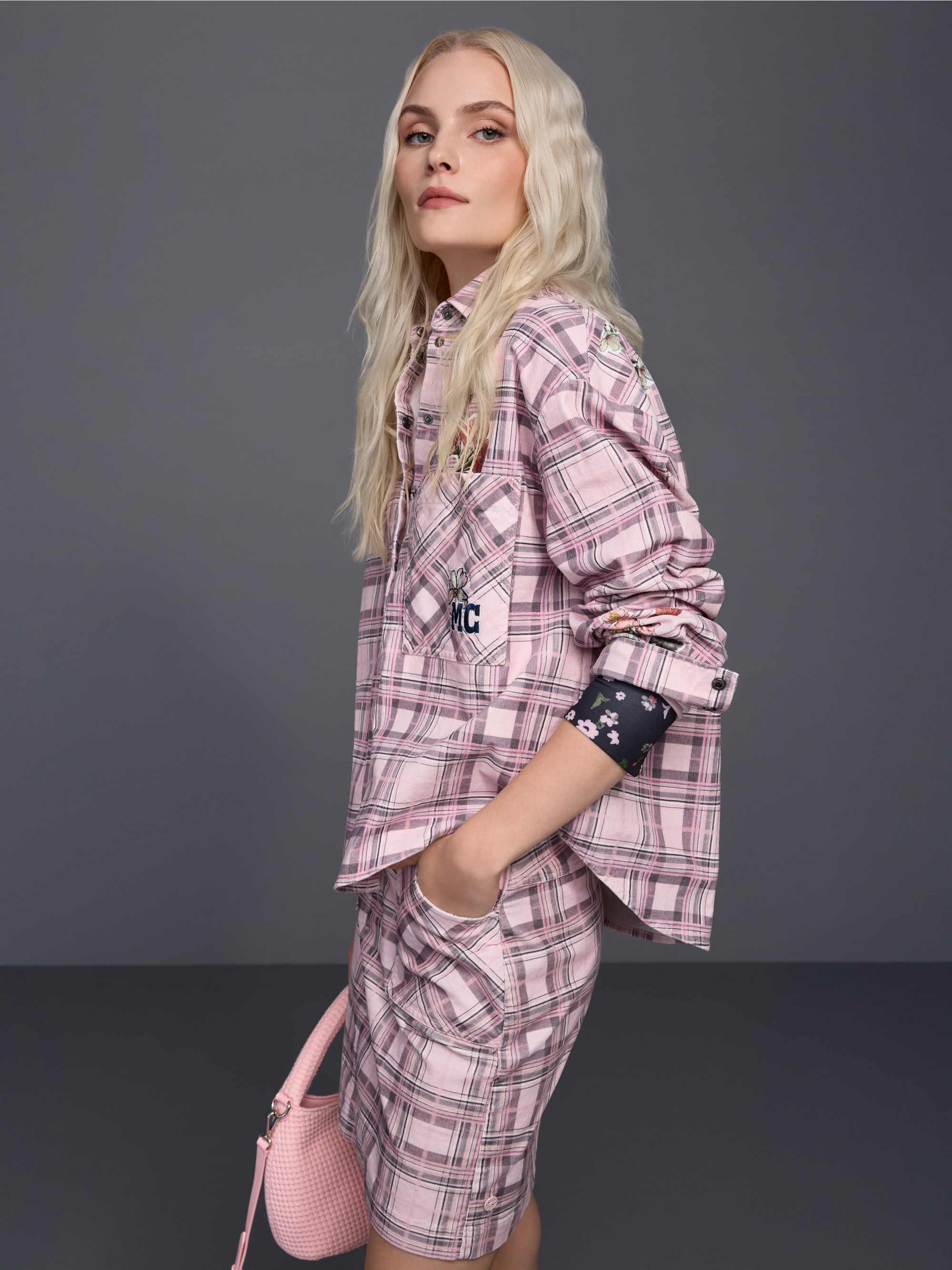 Corduroy blouse with checked design and flowers