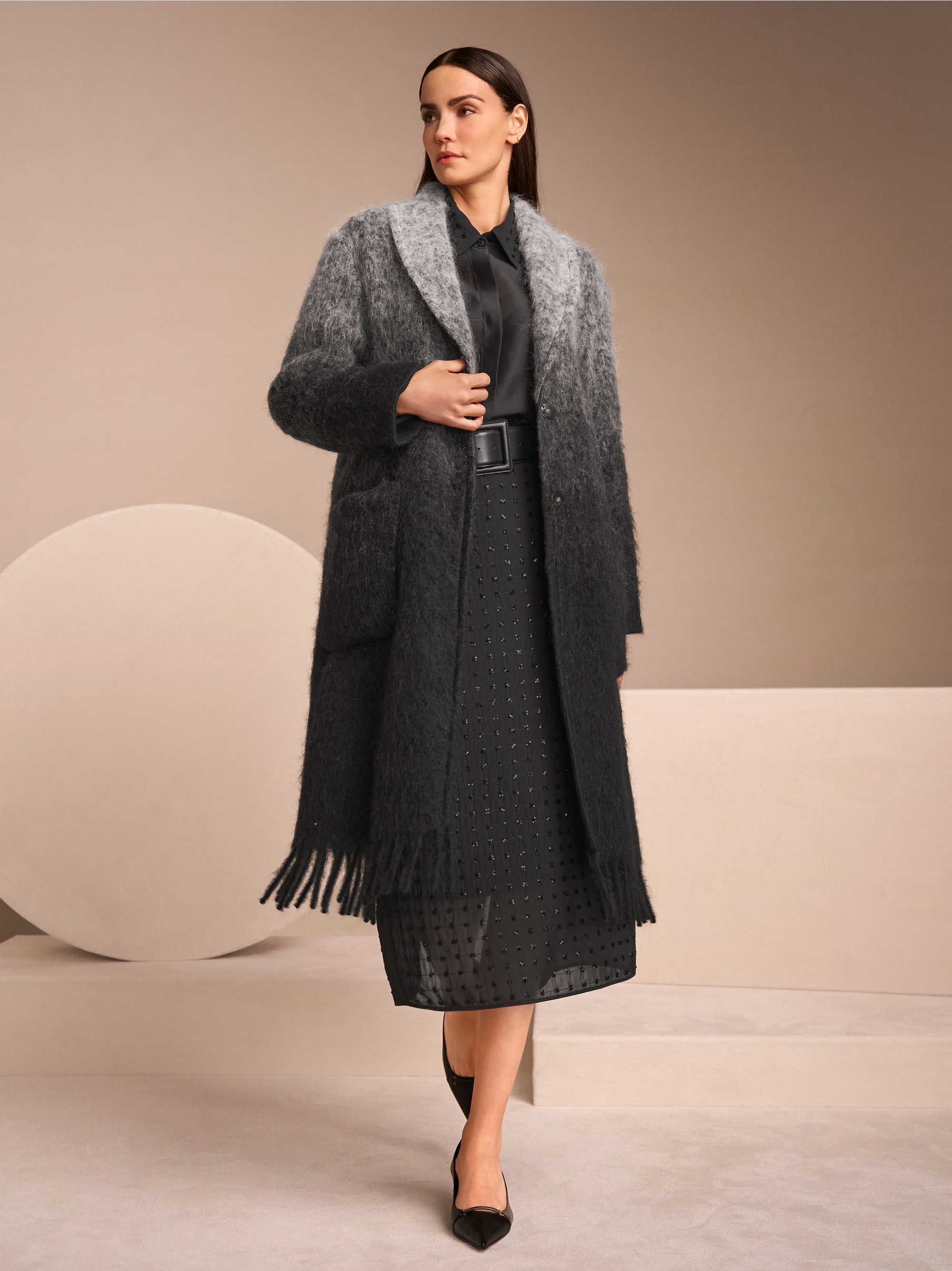 Alpaca blend coat with fringes