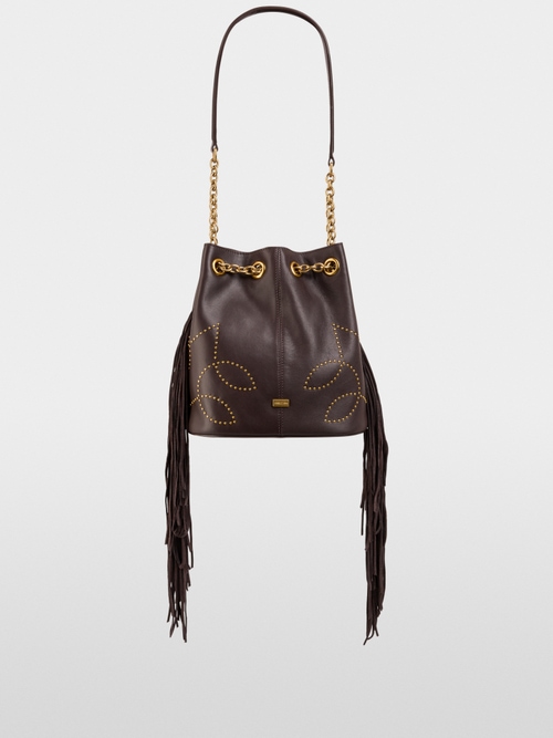 Bucket bag with studs and fringing