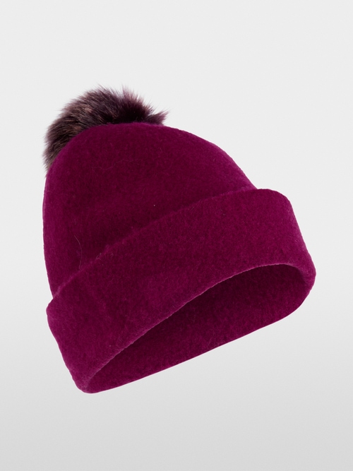 Wool hat with faux fur pom-pom