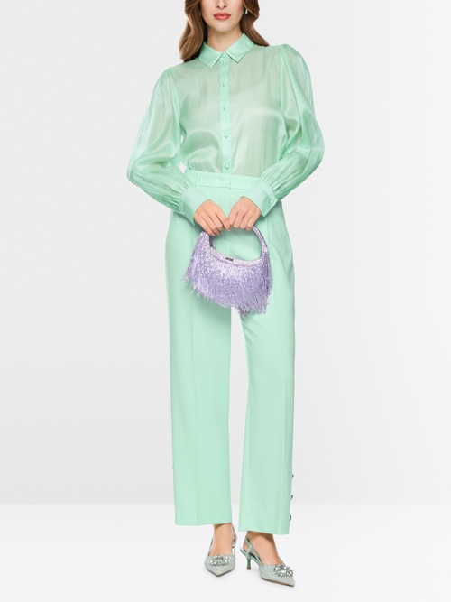 Puff-sleeve blouse with fabric buttons